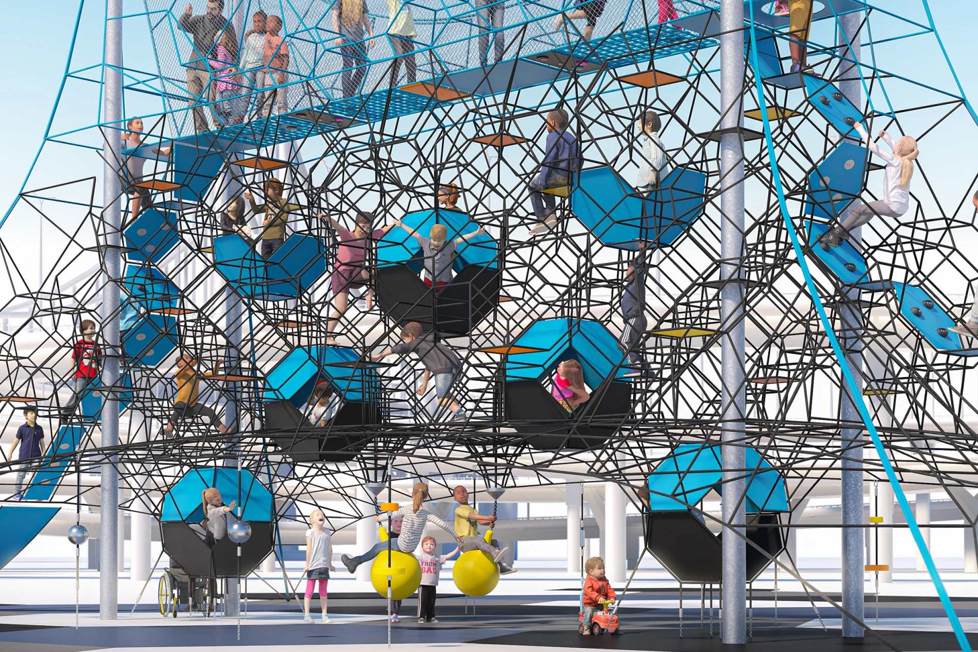 Multiple children playing, climbing, and socializing on a giant rope play structure