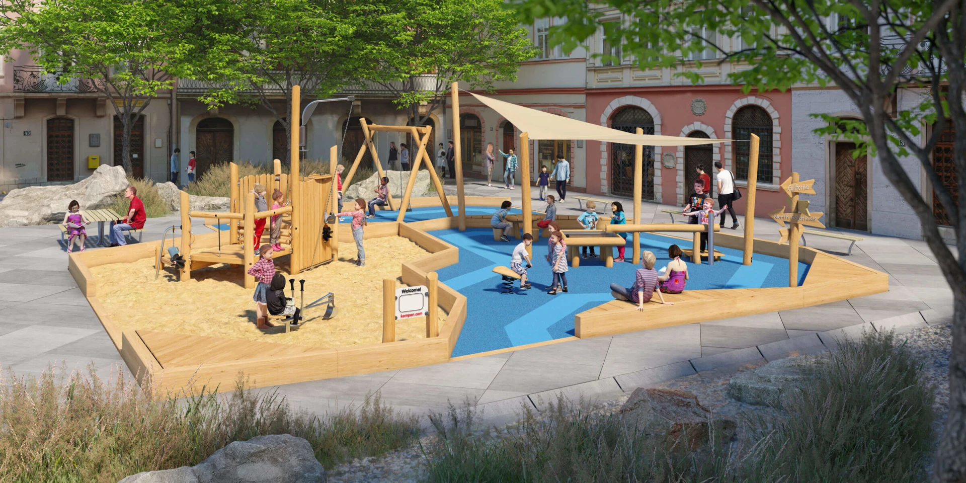Idea de diseño de un parque infantil natural con el tema de la mina de oro