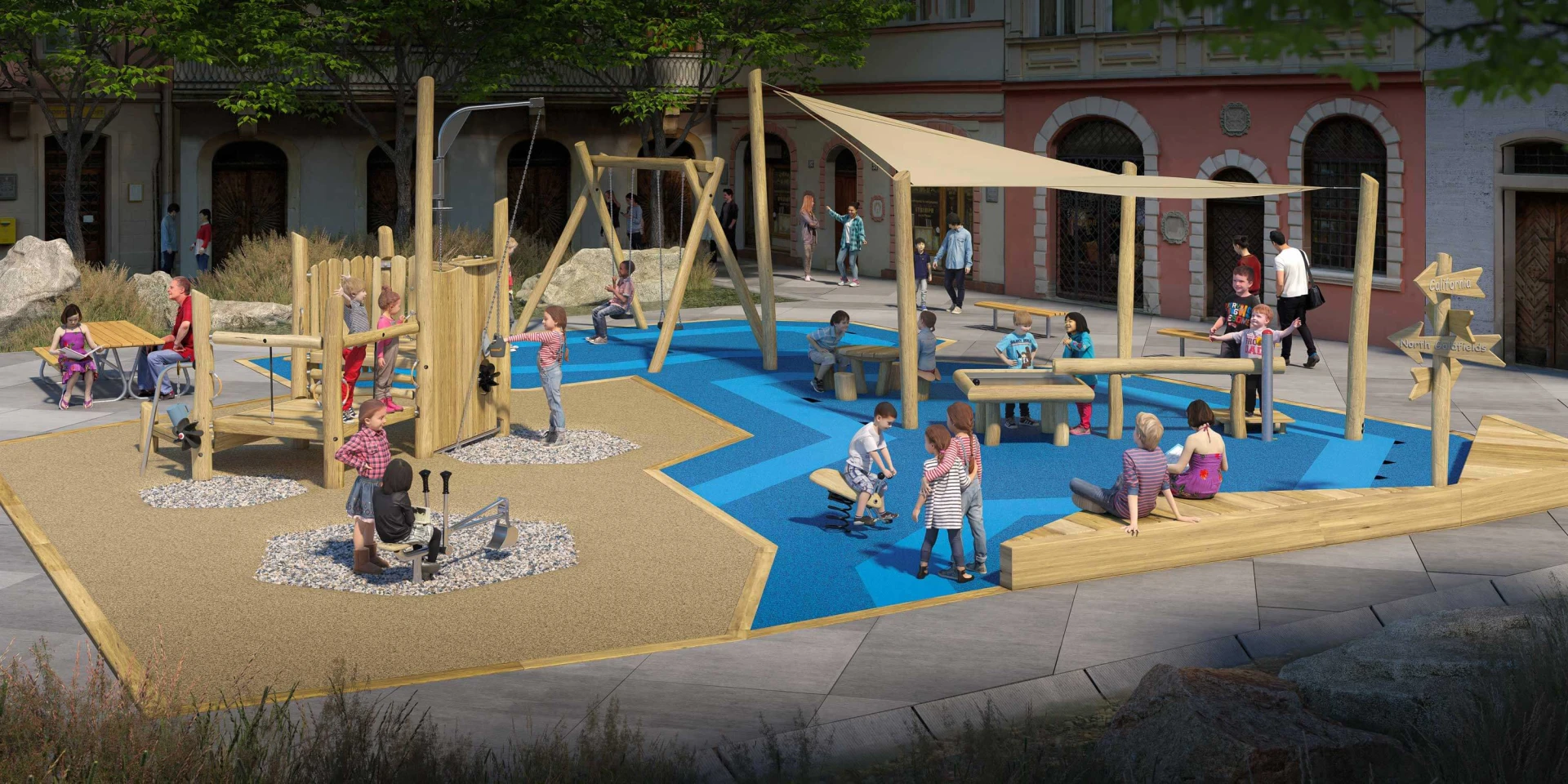 Idea de diseño de un parque infantil natural con el tema de la mina de oro