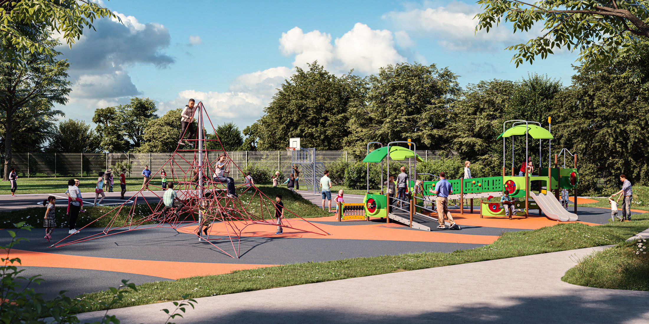 Children and adults enjoying a sunny playground with a red climbing net, green play structures, slides and trees in the background