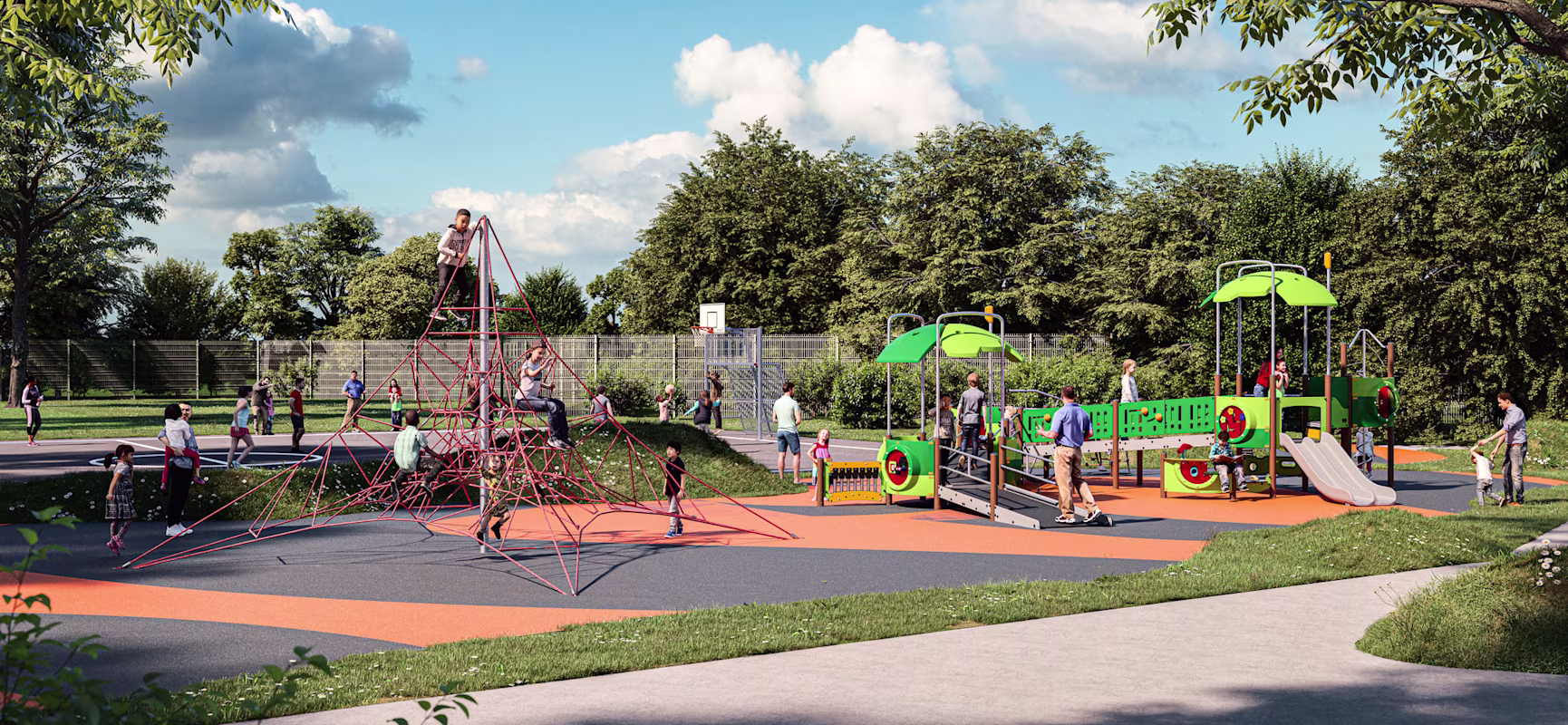 Children and adults enjoying a sunny playground with a red climbing net, green play structures, slides and trees in the background