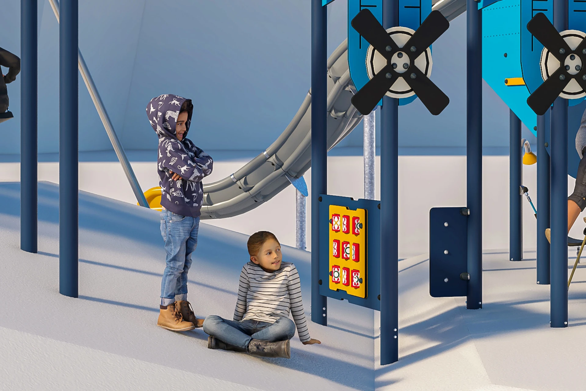 Konceptbild på barn som tar det lugnt på en lekplats med lekpaneler