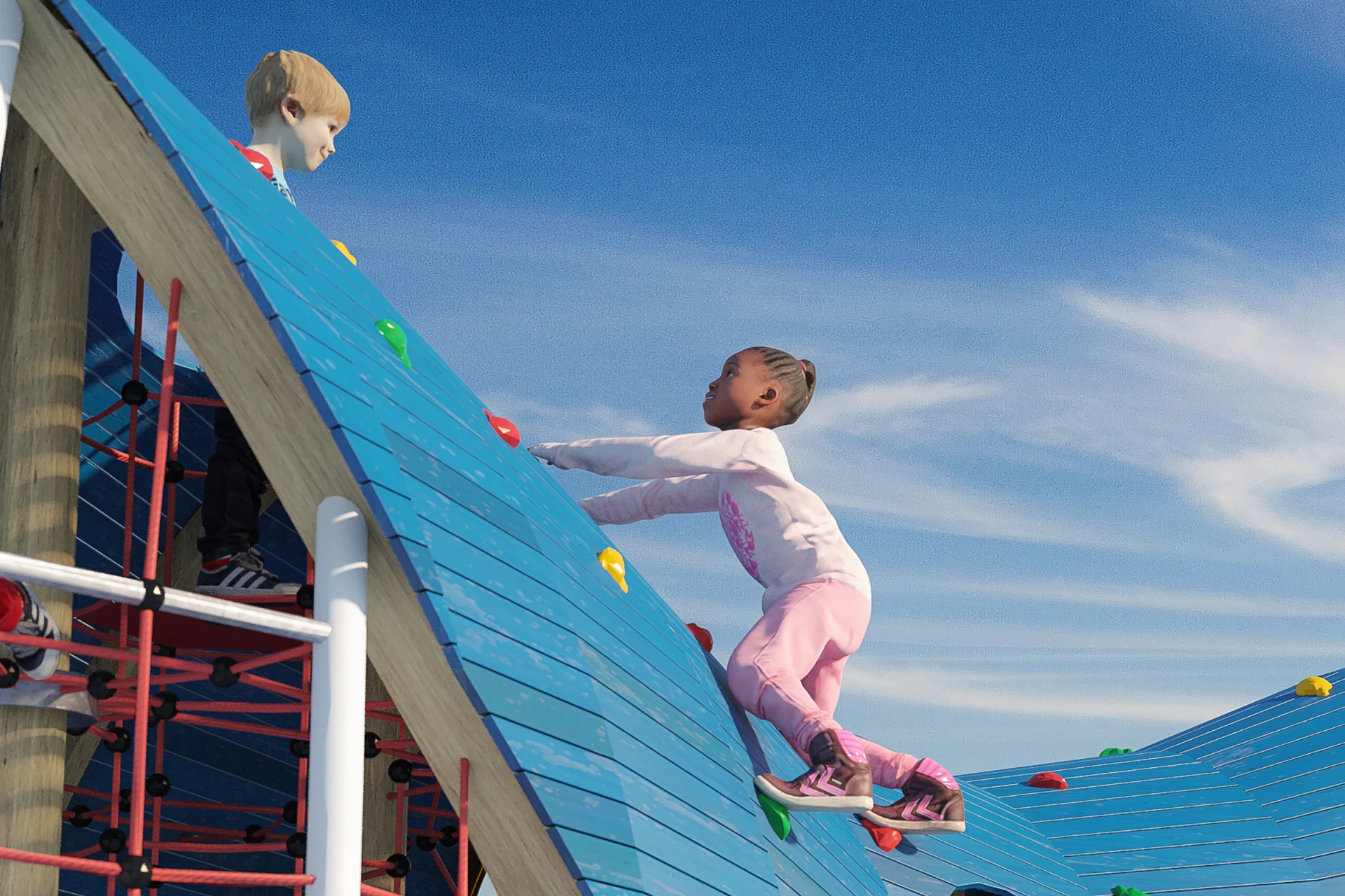 Children climbing on top of a wooden whale play structure