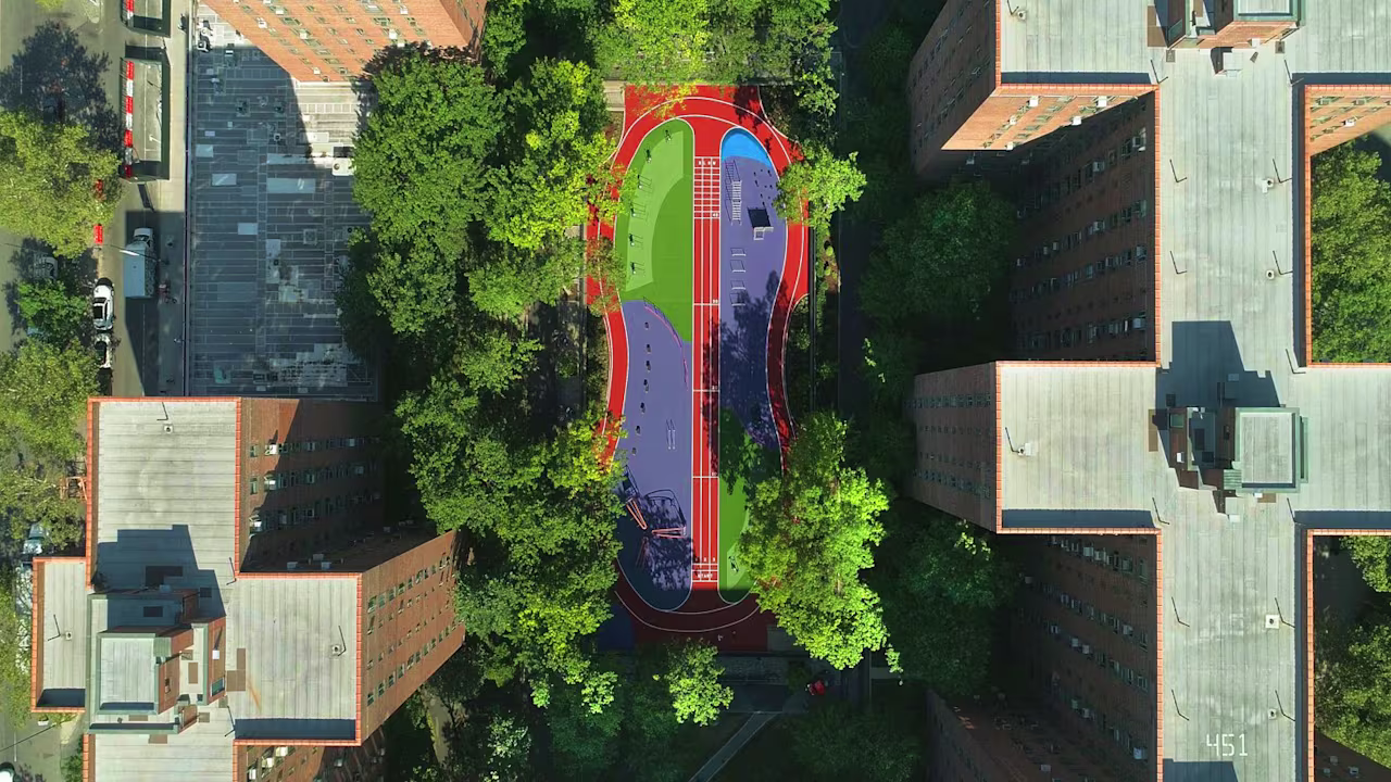 drone photo of running track at Stuy Town fitness site