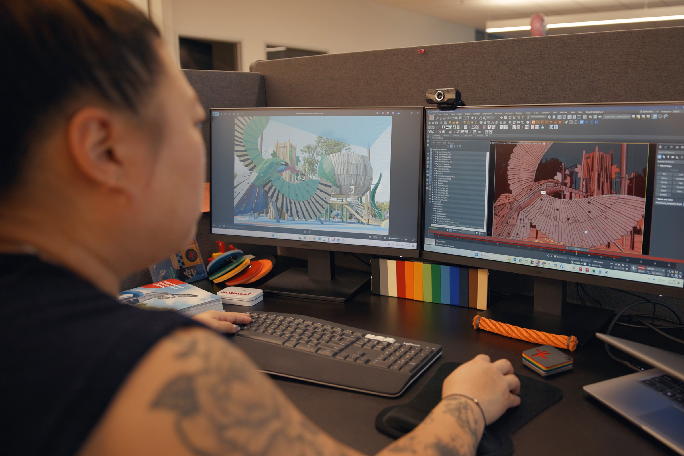 KOMPAN designer working in 3D MAX of hummingbird playground