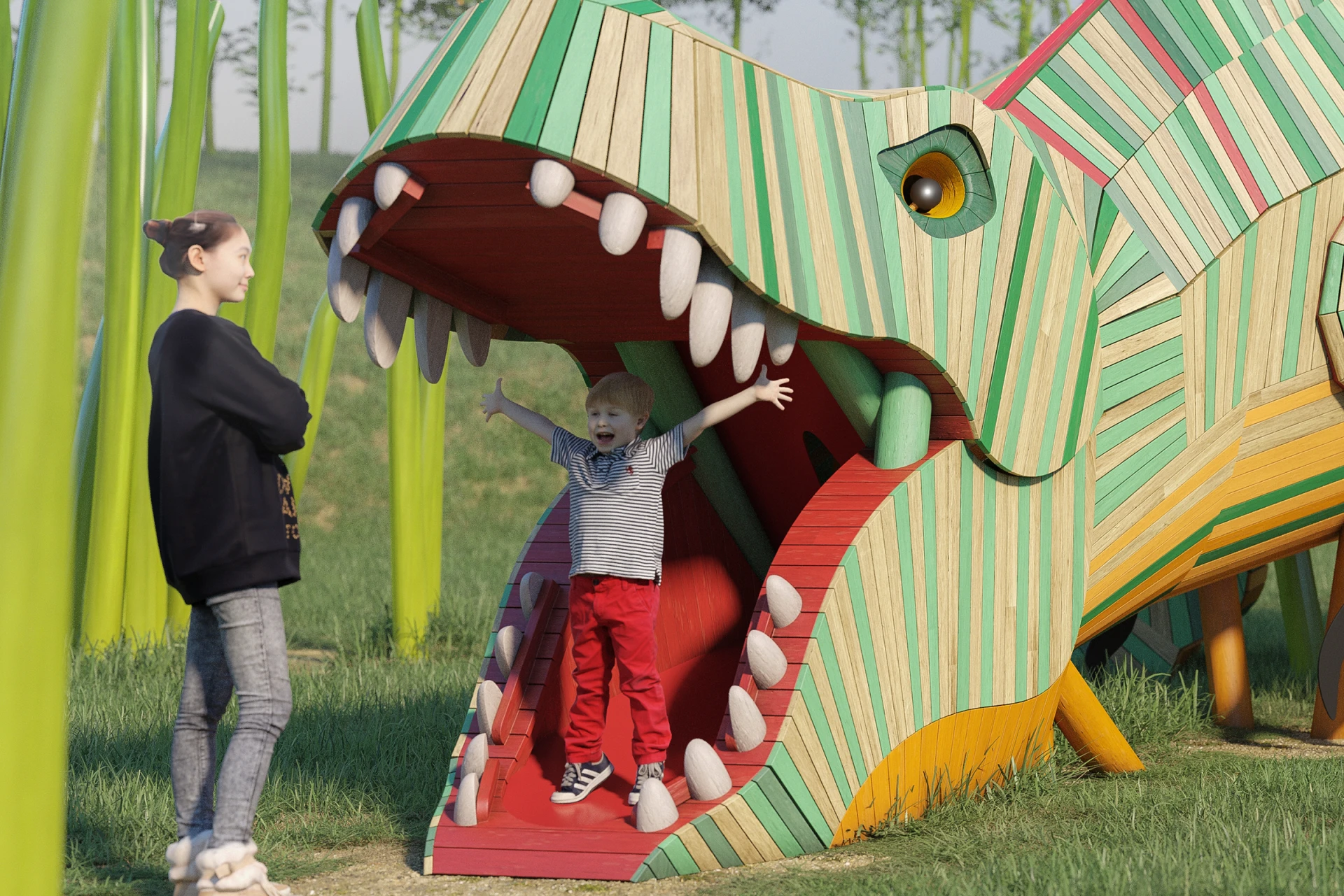 A child playing on a dinosaur themed obstacle course