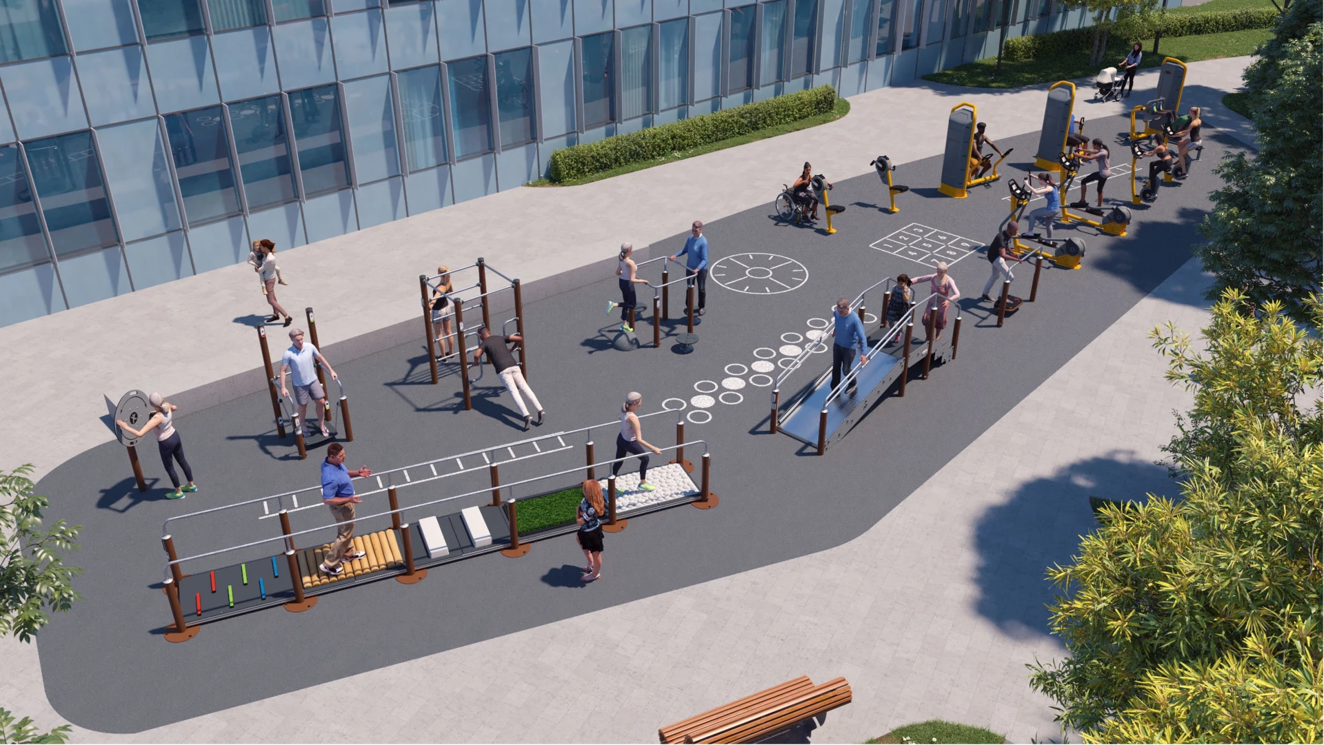 Een artist's rendering van een sportschool in een stad