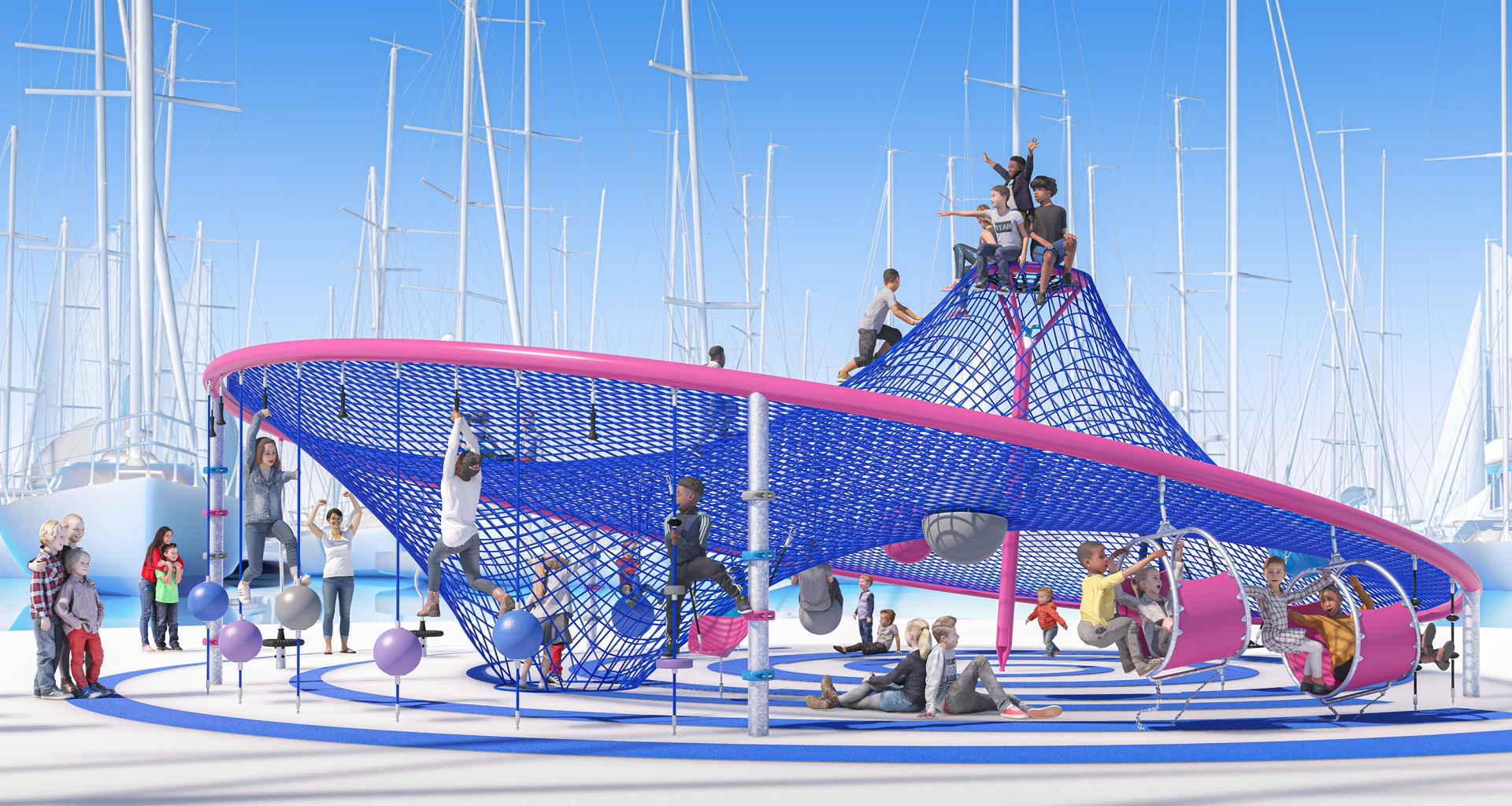 Concept design of children playing, climbing, and swinging from a Corocord rope net structure