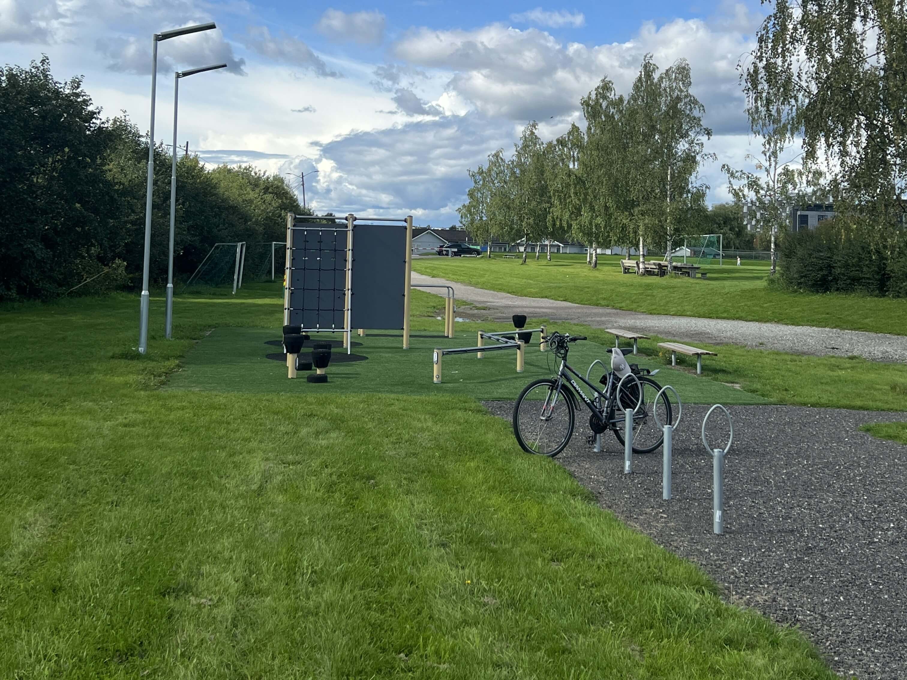 outdoor gym with obstacle course and fitness stations