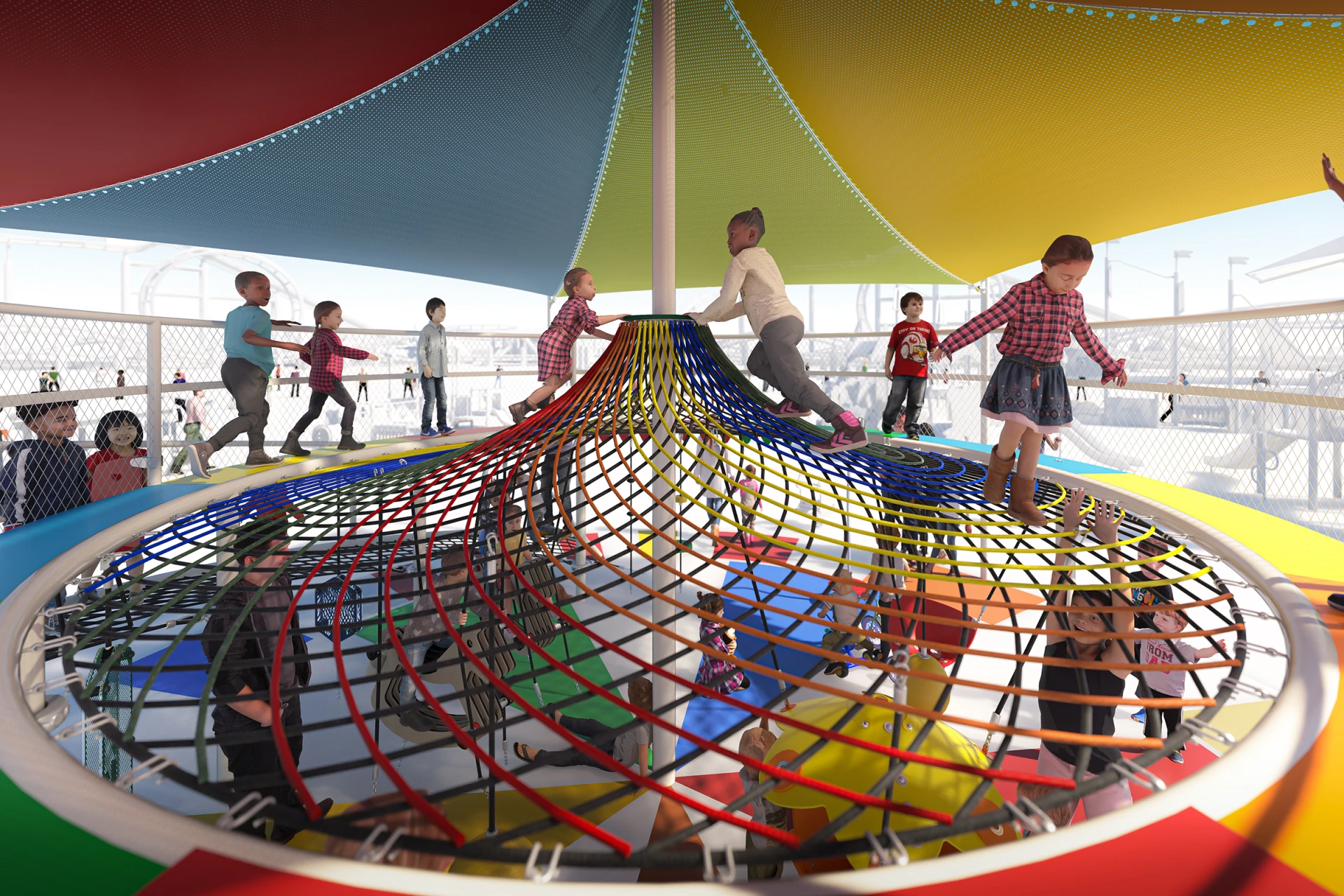 Children walking across and climbing on a rope net structure