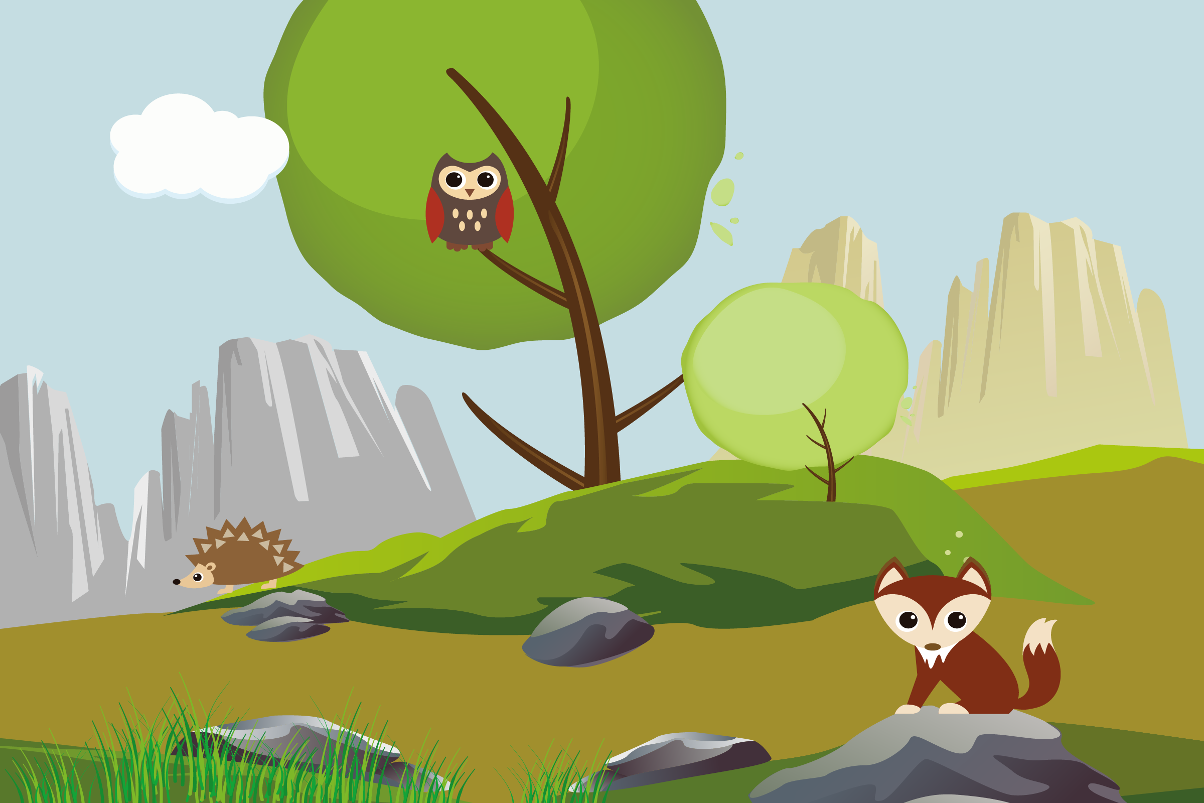 Cartoon forest scene with an owl in a tree, a hedgehog on a hill, and a fox sitting on a rock, with mountains in the background.