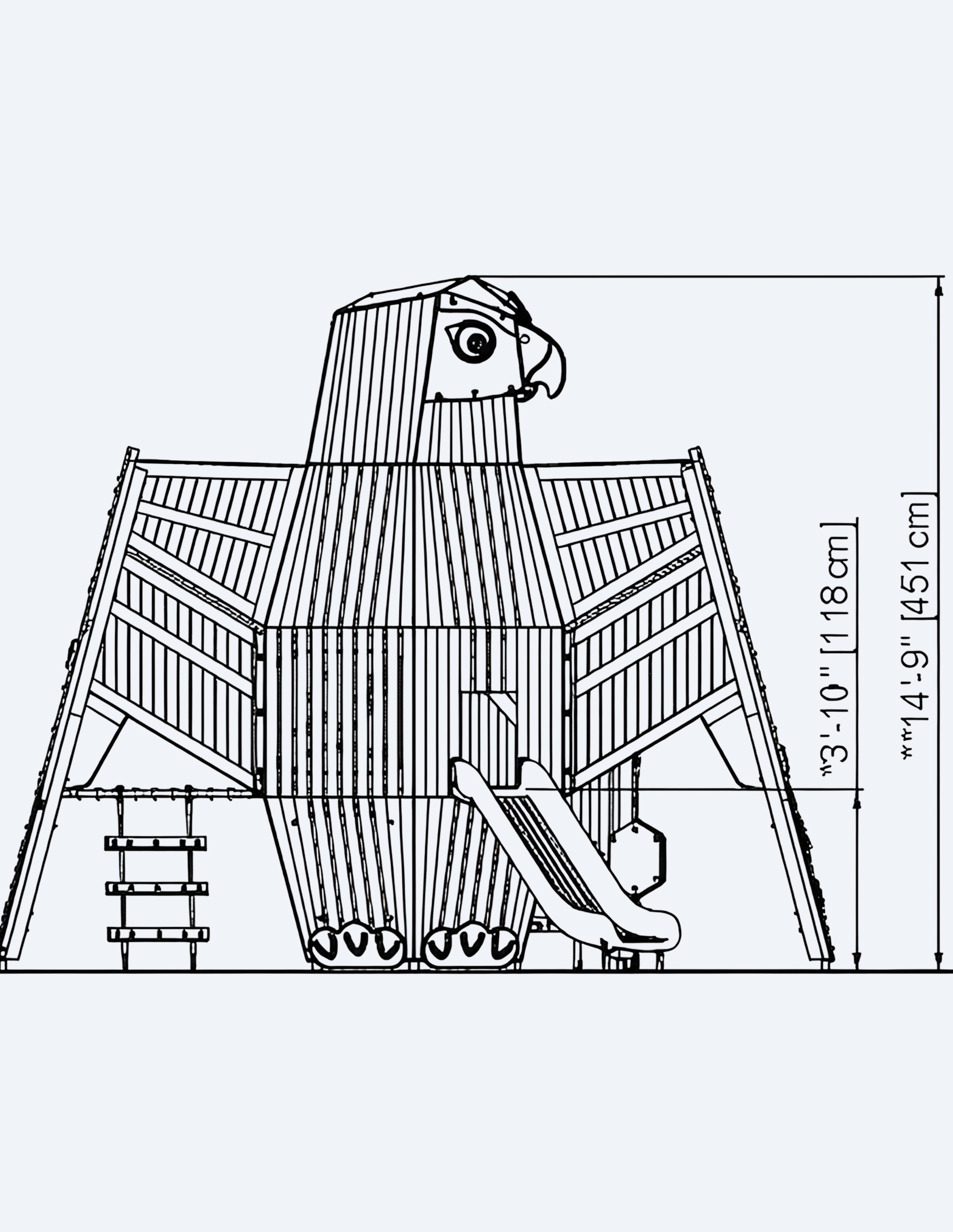 technical sketch of a playground bird sculpture