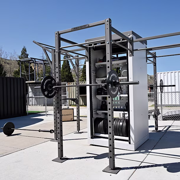 BeaverFit Shred Shed outdoor secure storage and functional training solution in partnership with KOMPAN