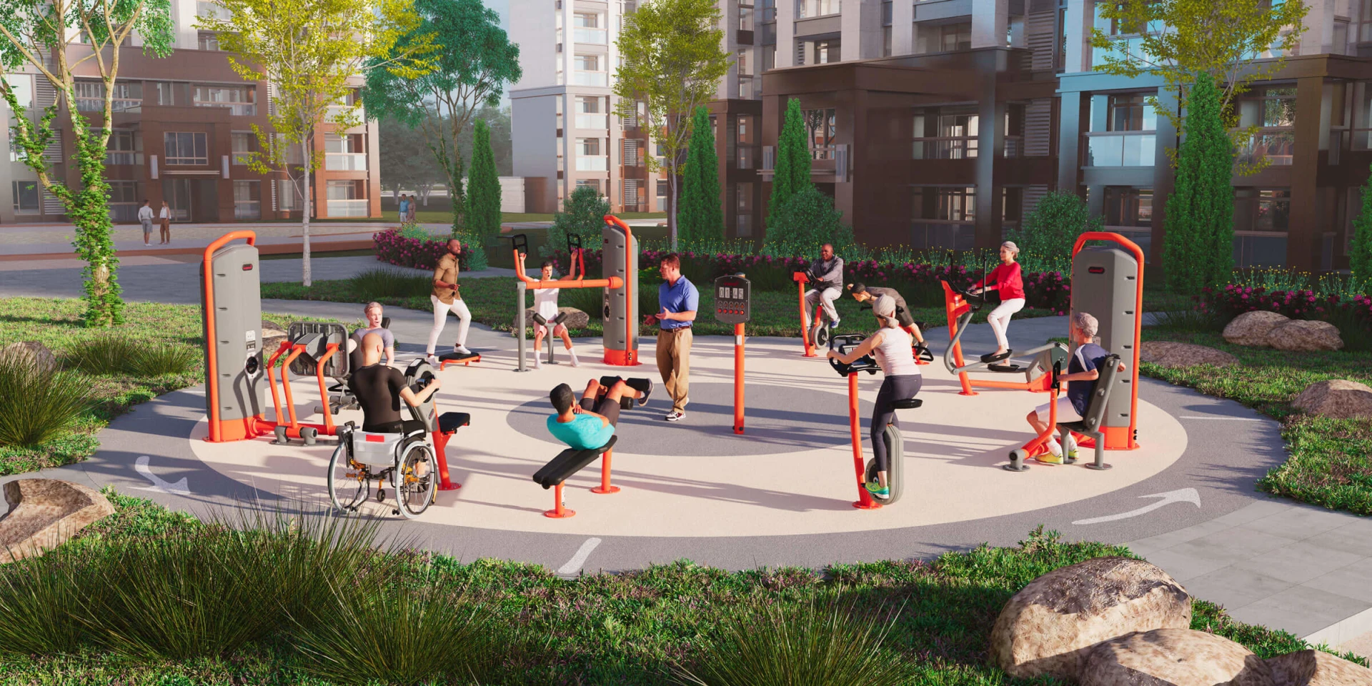 design idé om et udendørs fitnessområde til cirkeltræning