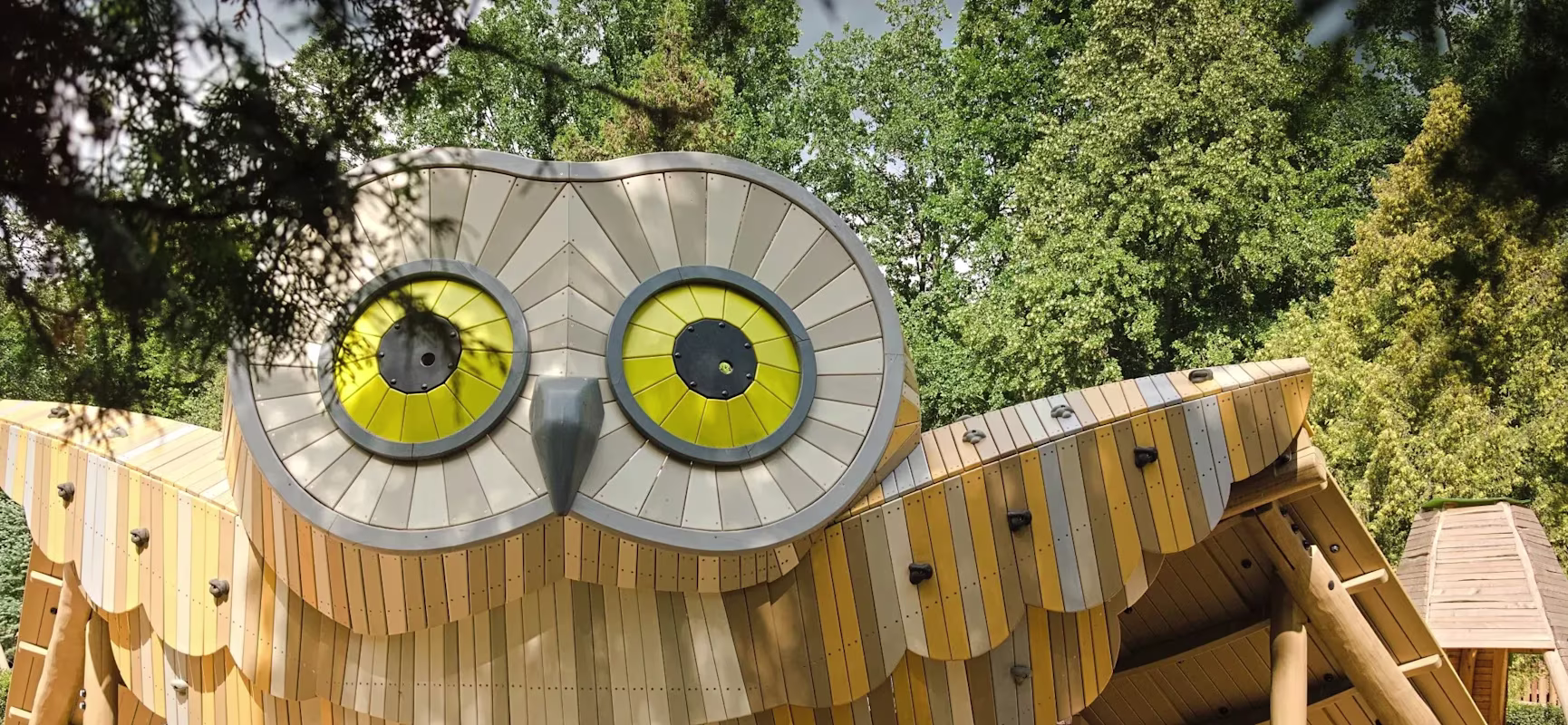 Children climbing on a large wooden owl-shaped playground structure with bright yellow eyes, set in a sandy area surrounded by trees