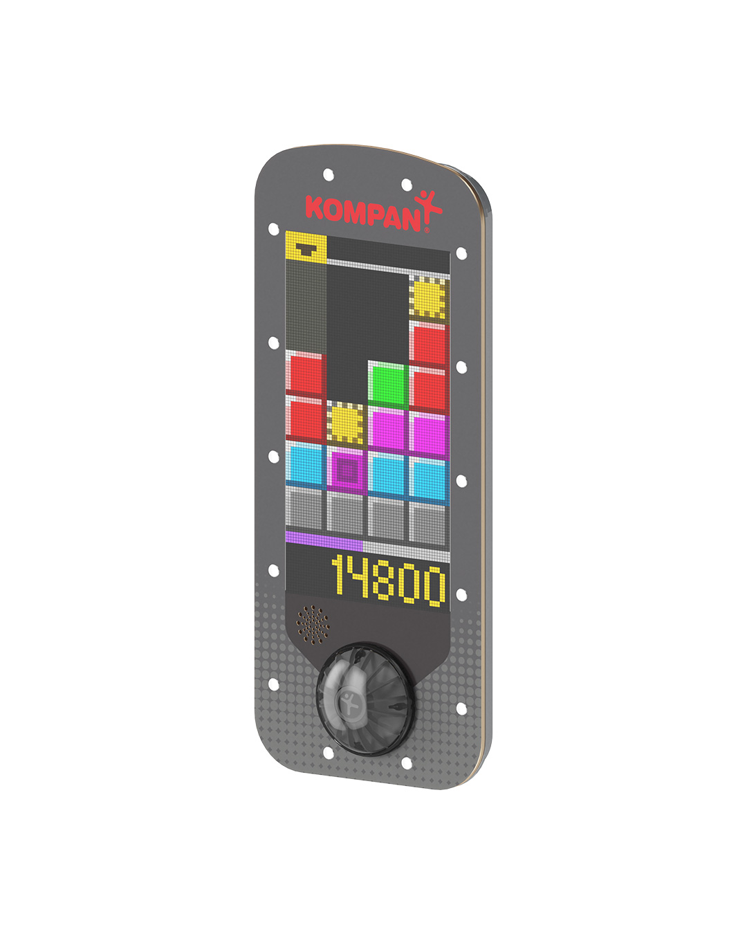 Tall Kompan electronic game panel with colourful block puzzle screen, score 14800, round black control knob and speaker at bottom