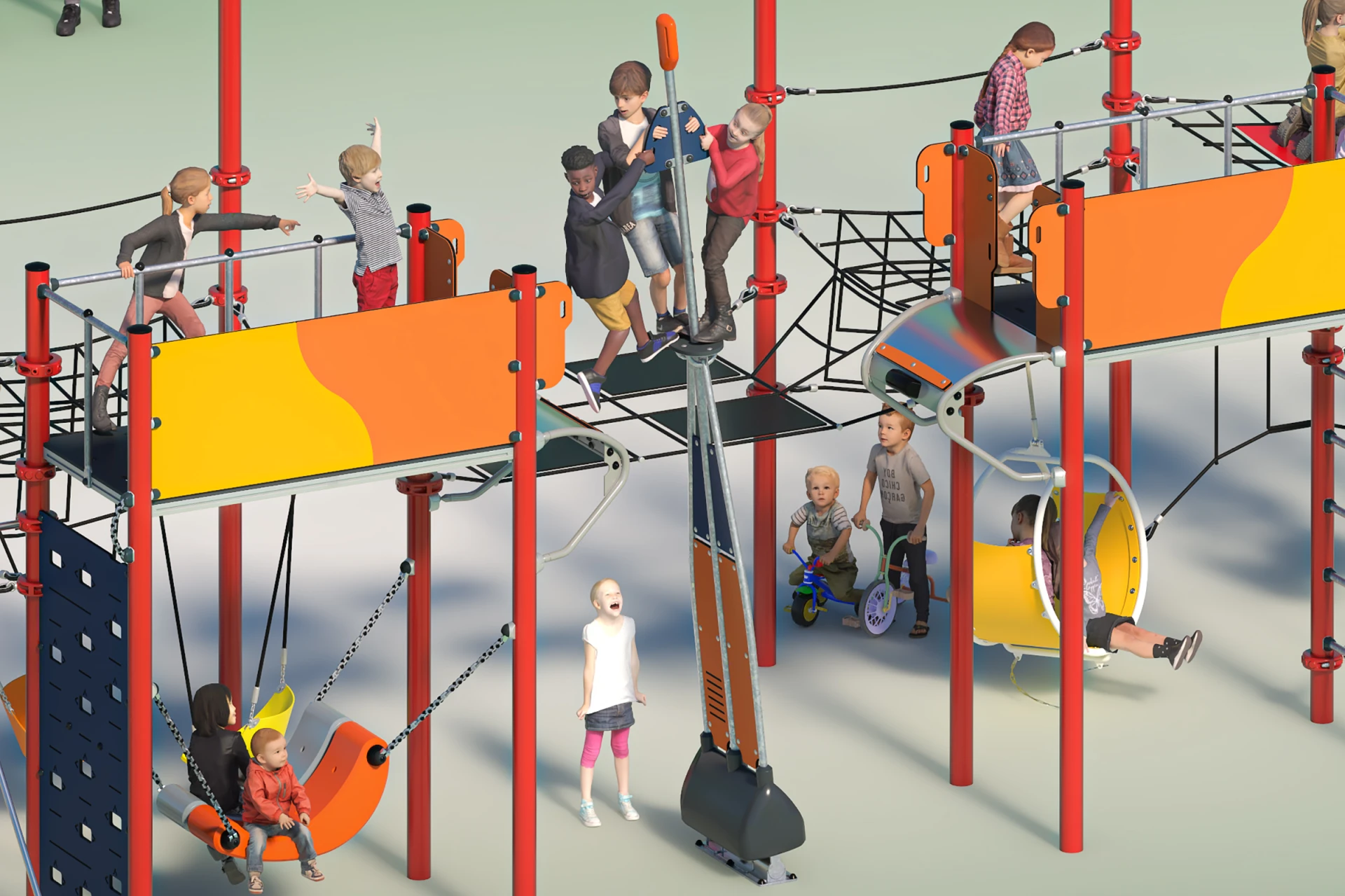 Design rendering of children climbing on a playground obstacle course