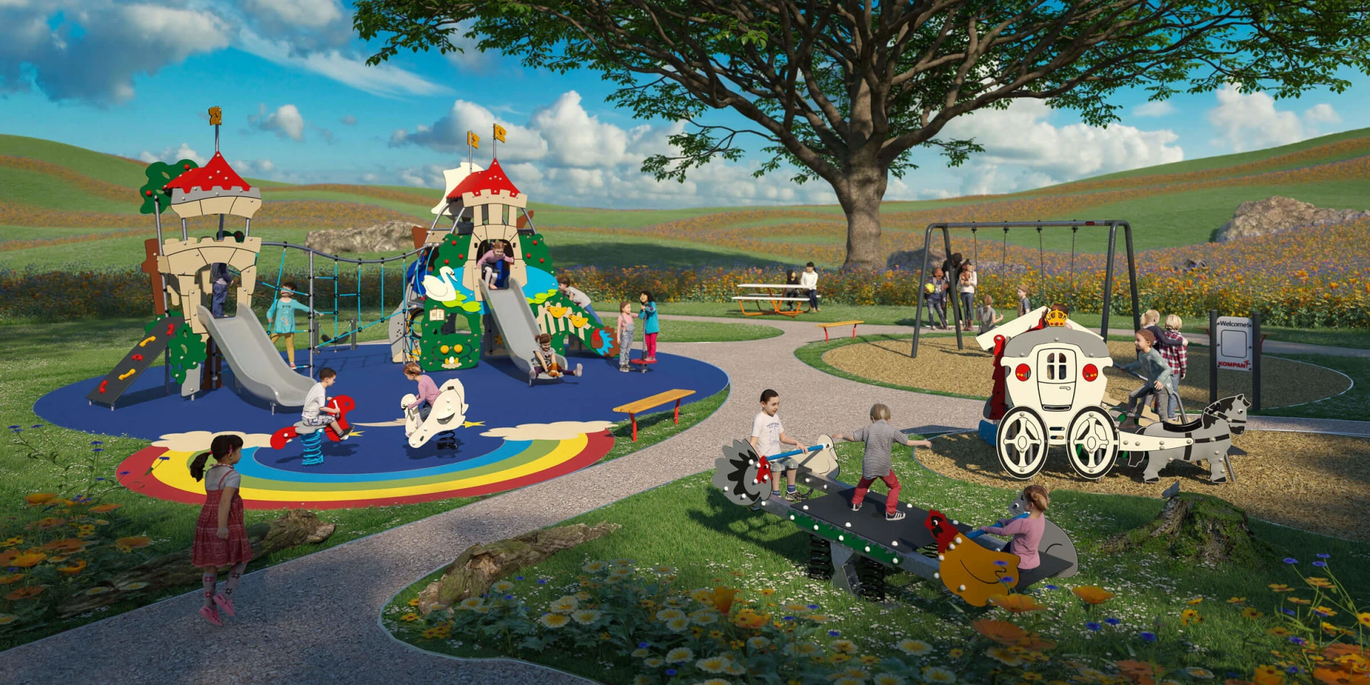 idea de diseño de un parque infantil con temática de cuento de hadas