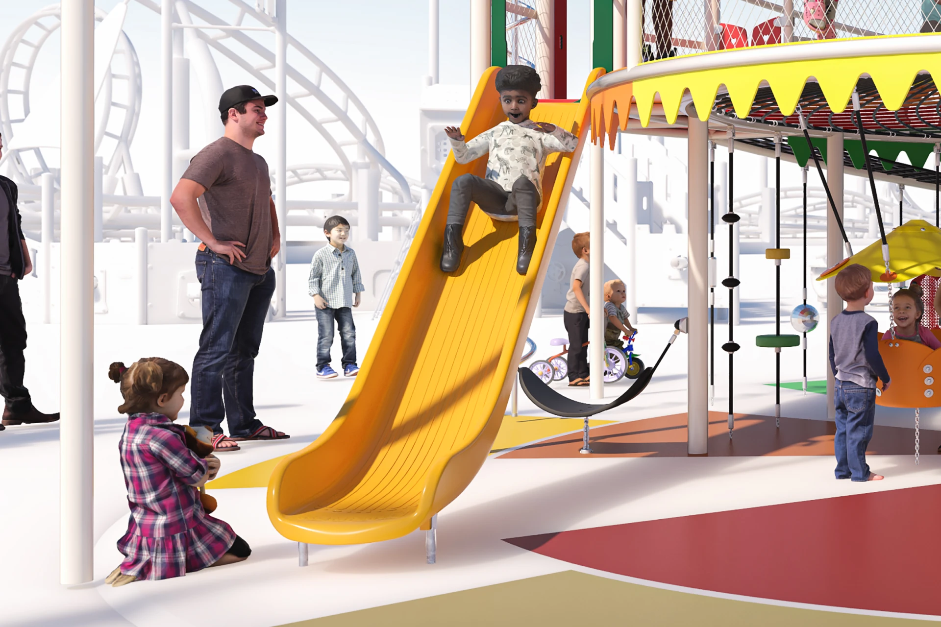 A child sliding down a circus themed playground