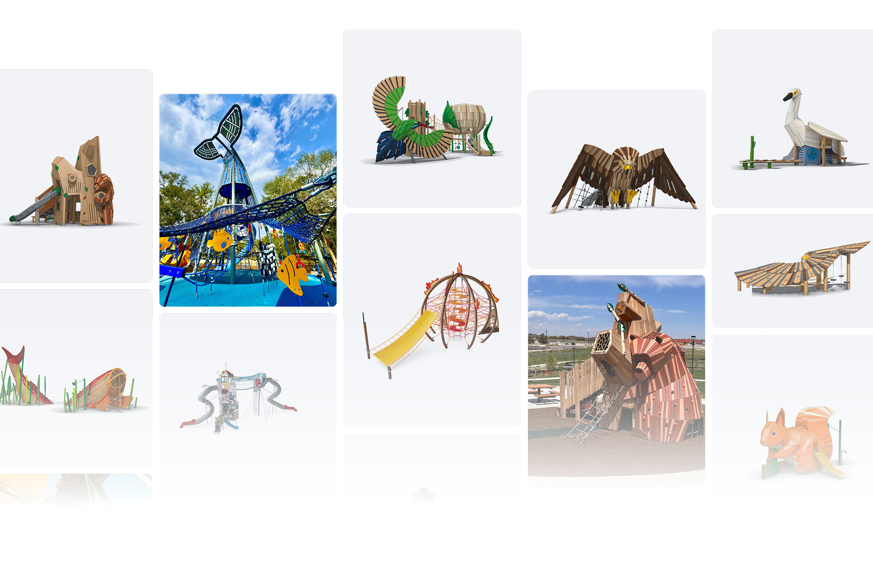 Collage of colourful animal-themed playground structures, including a large whale tower, birds, insects and woodland creatures.