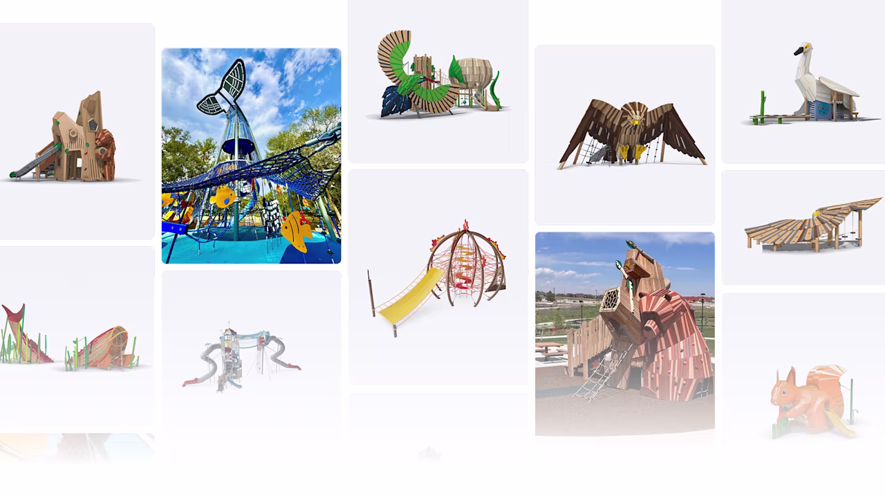 Collage of colourful animal-themed playground structures, including a large whale tower, birds, insects and woodland creatures.