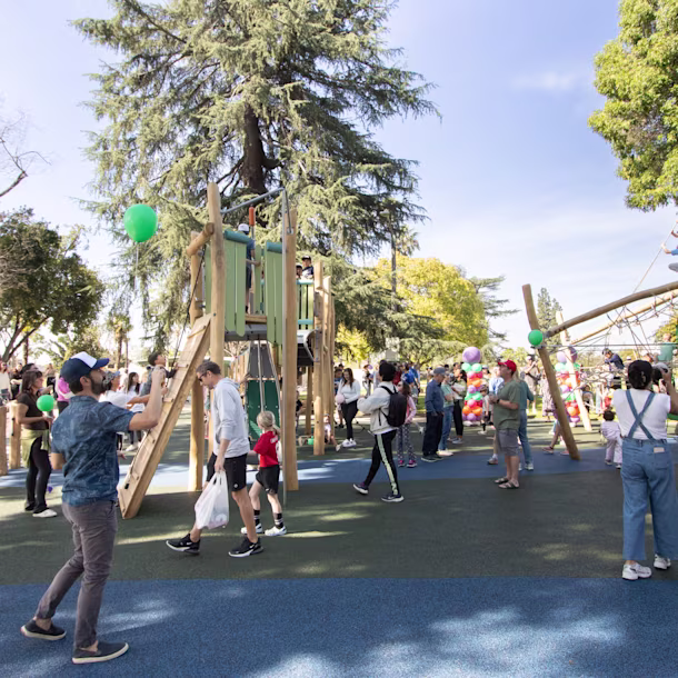 Large, wooden playground climbing towers and domes at Lewis Park's playground opening in Claremont, California