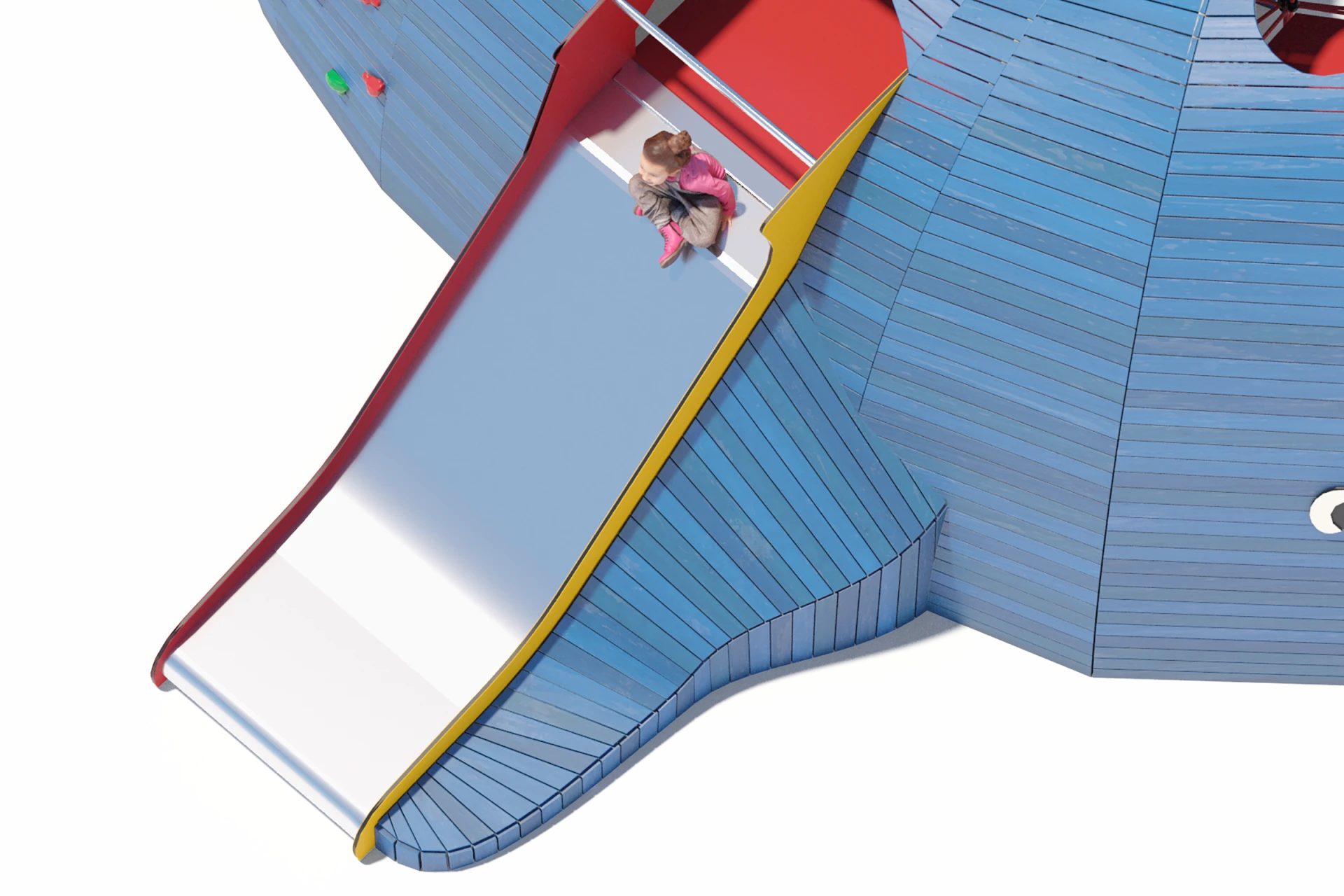 A design rendering of a slide on a wooden whale playground