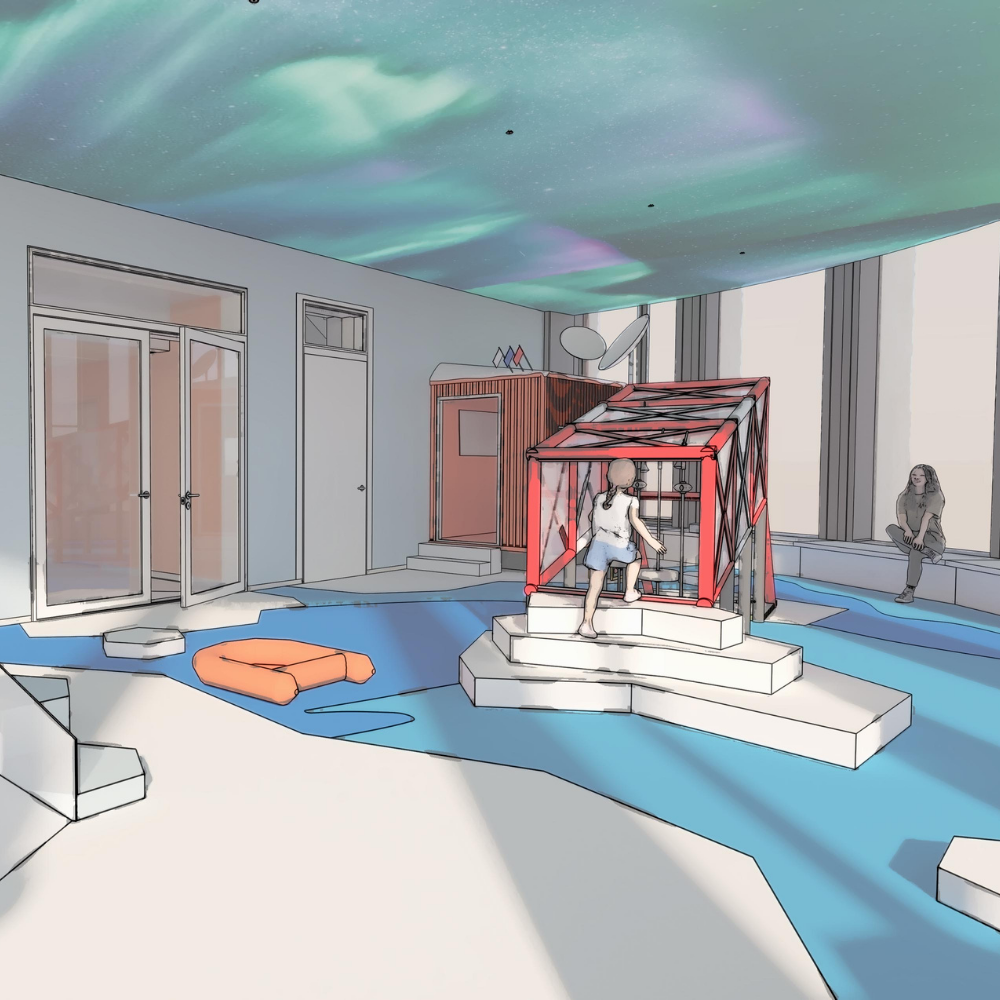 Child climbing a red play structure in a bright indoor room with blue floor paths, soft blocks, large windows, and aurora-like ceiling lights