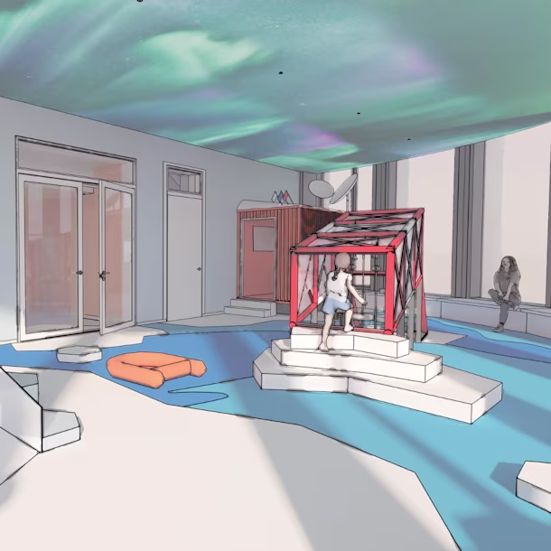 Child climbing a red play structure in a bright indoor room with blue floor paths, soft blocks, large windows, and aurora-like ceiling lights