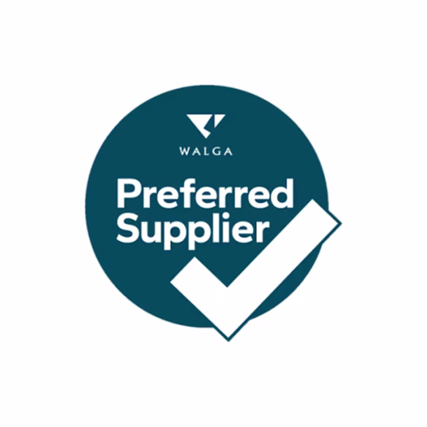 Teal WALGA badge reading “Preferred Supplier” with a large white checkmark overlapping the circle on a white background