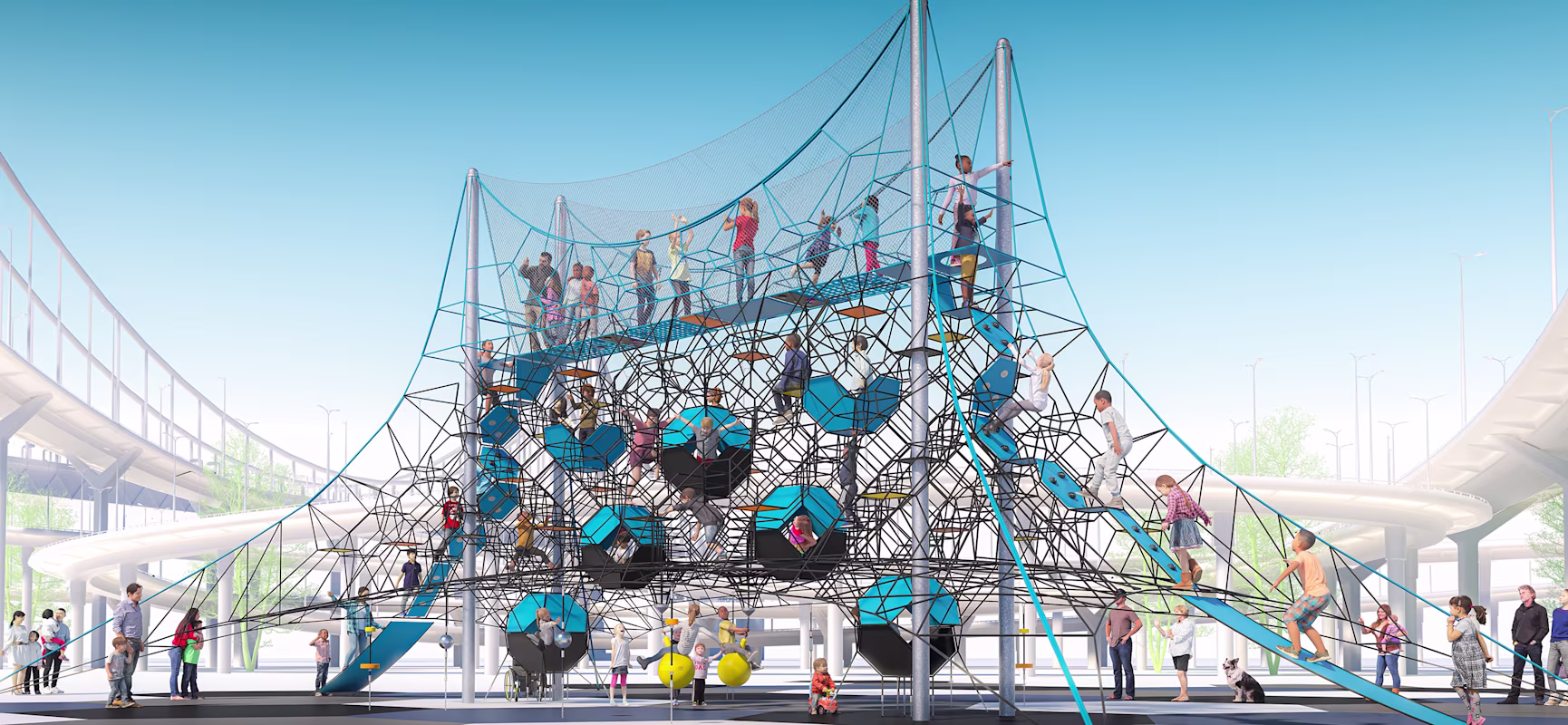 Children playing on a large rope playground structure
