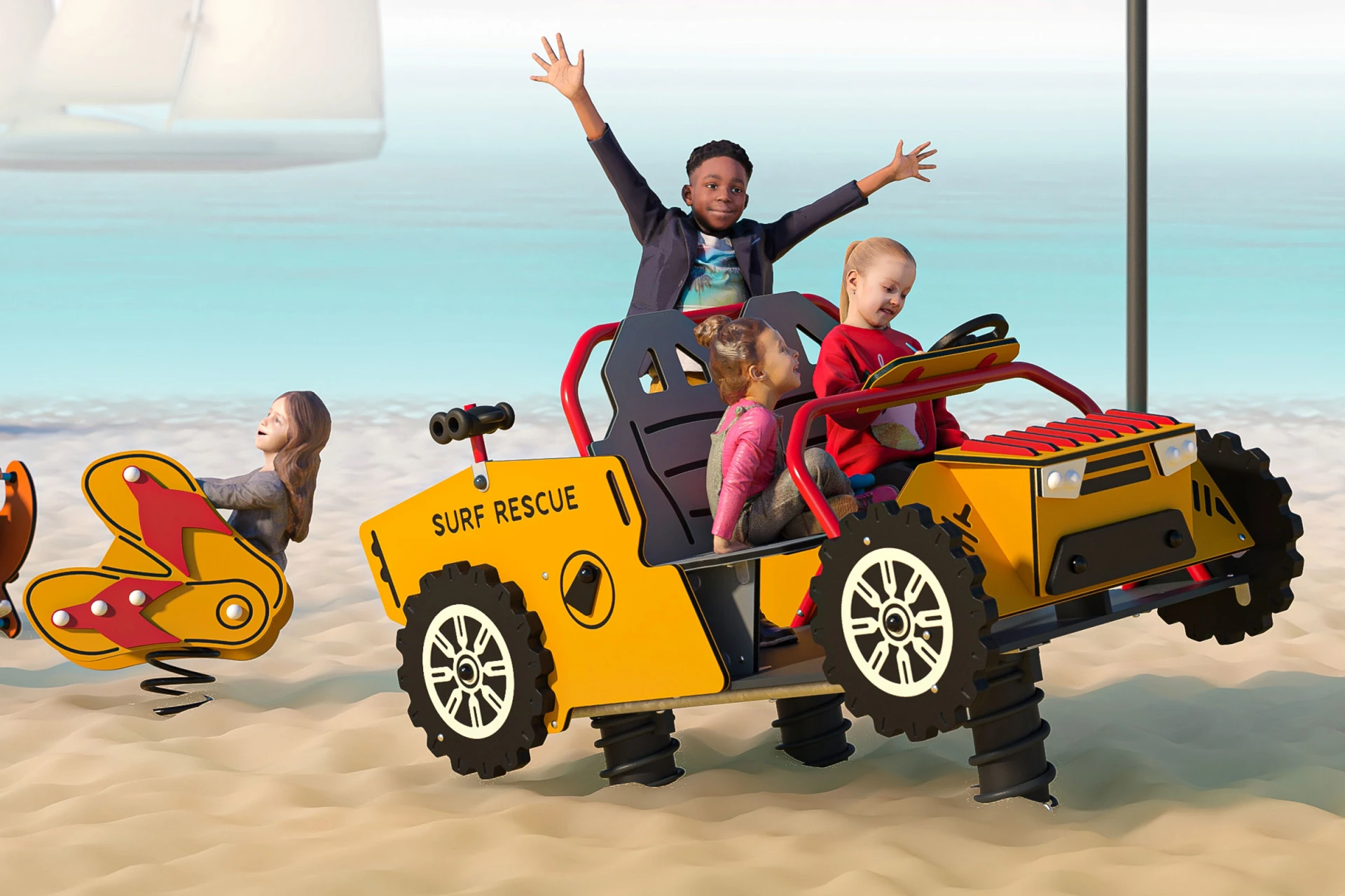 Konceptbild på barn som leker i en vippgunga liknande en strandbil