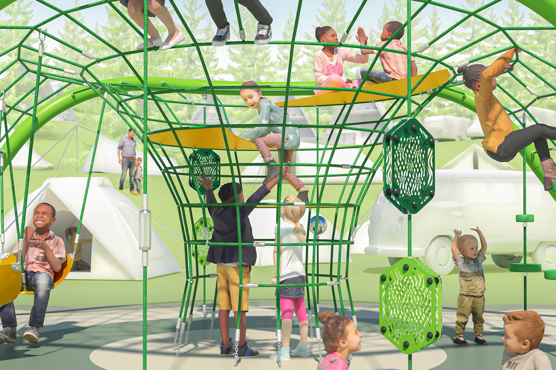 Children play around a loop play structure