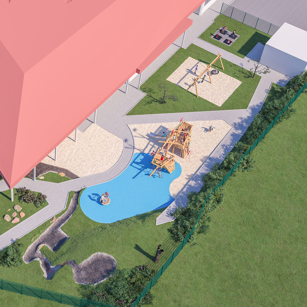 Aerial view of a colourful playground with wooden climbing structures, sandpits, blue play surface and surrounding grass and paths