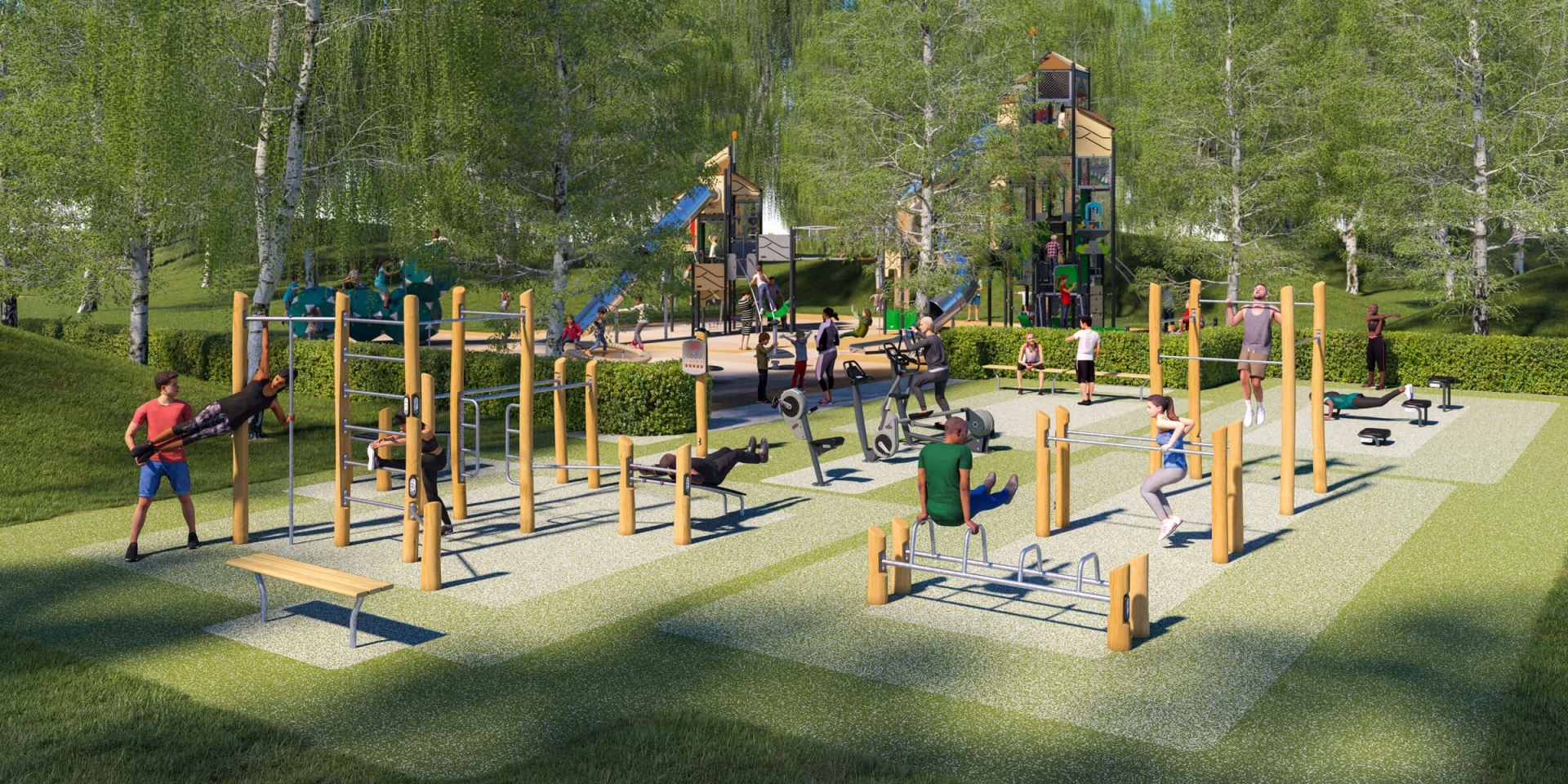 Design idea for a wooden outdoor gym with a playground for children