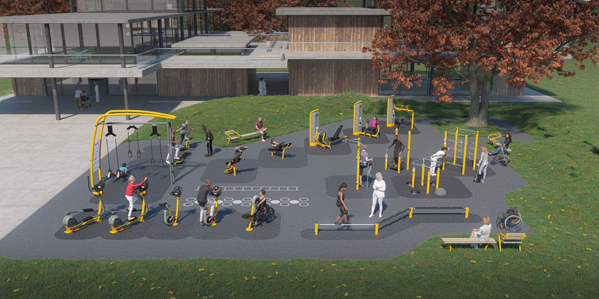 Idée de design d'une aire de fitness d'extérieur pour la réeducation