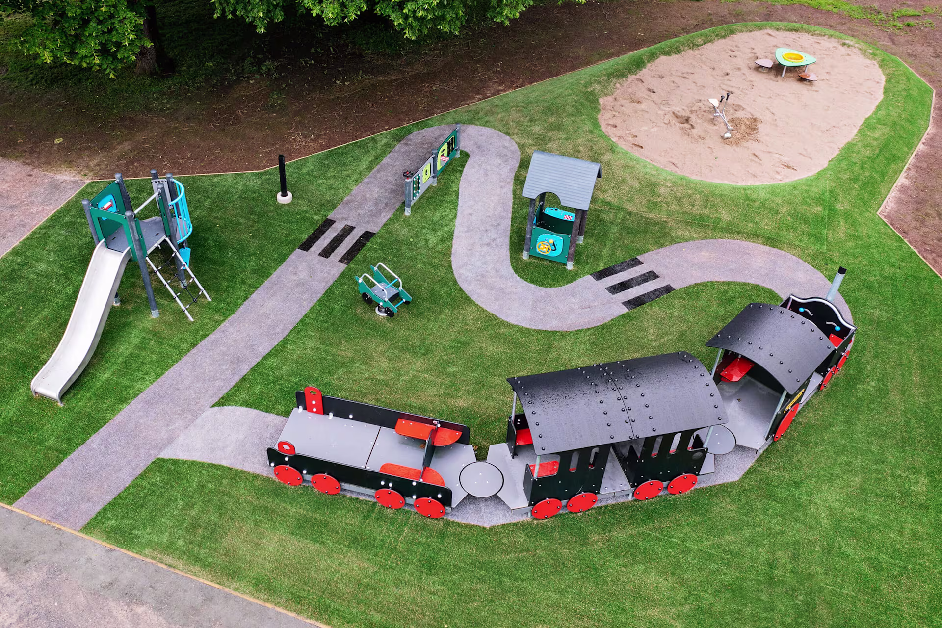An aerial view of a train themed playground in Herrljunga