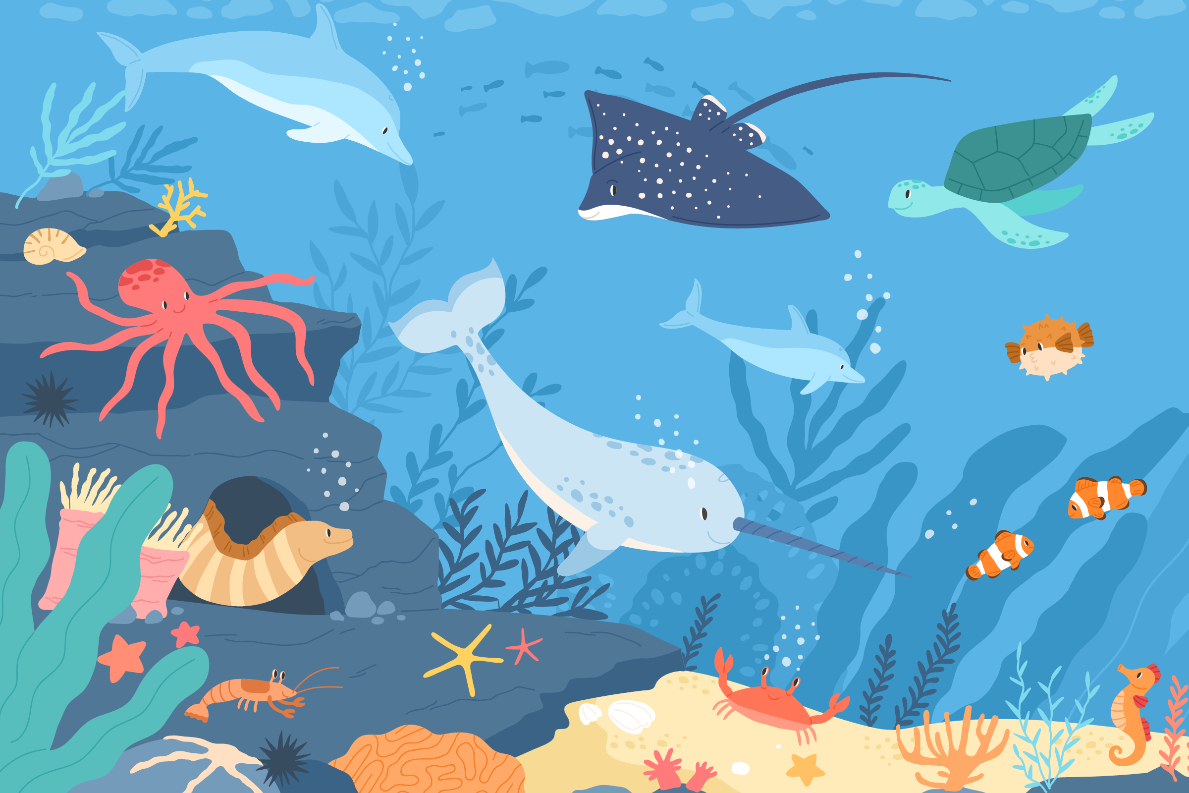 Colorful underwater scene with narwhal, dolphins, turtle, stingray, octopus, clownfish and other sea creatures around coral and rocks