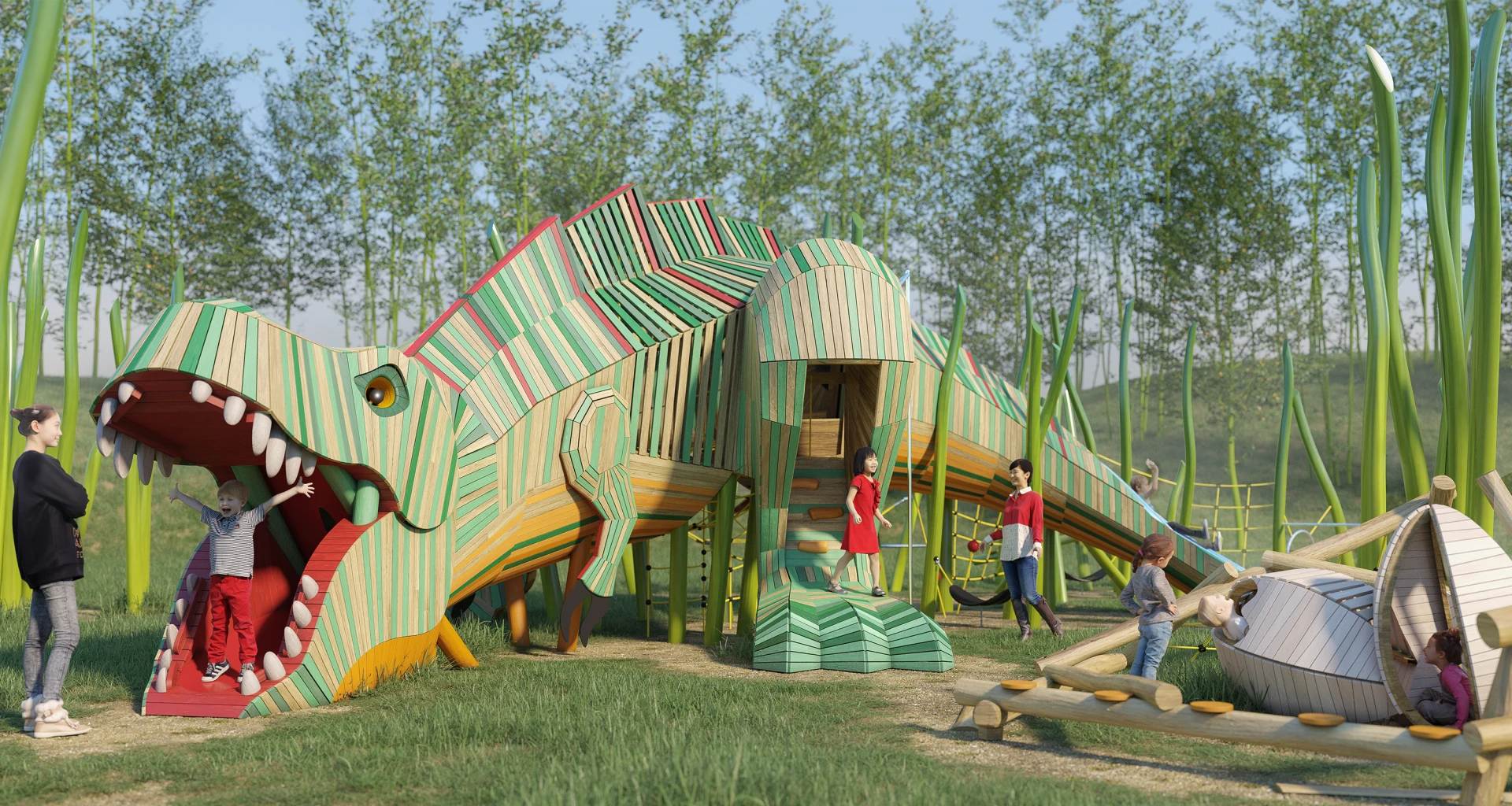 A design rendering of a dinosaur play structure
