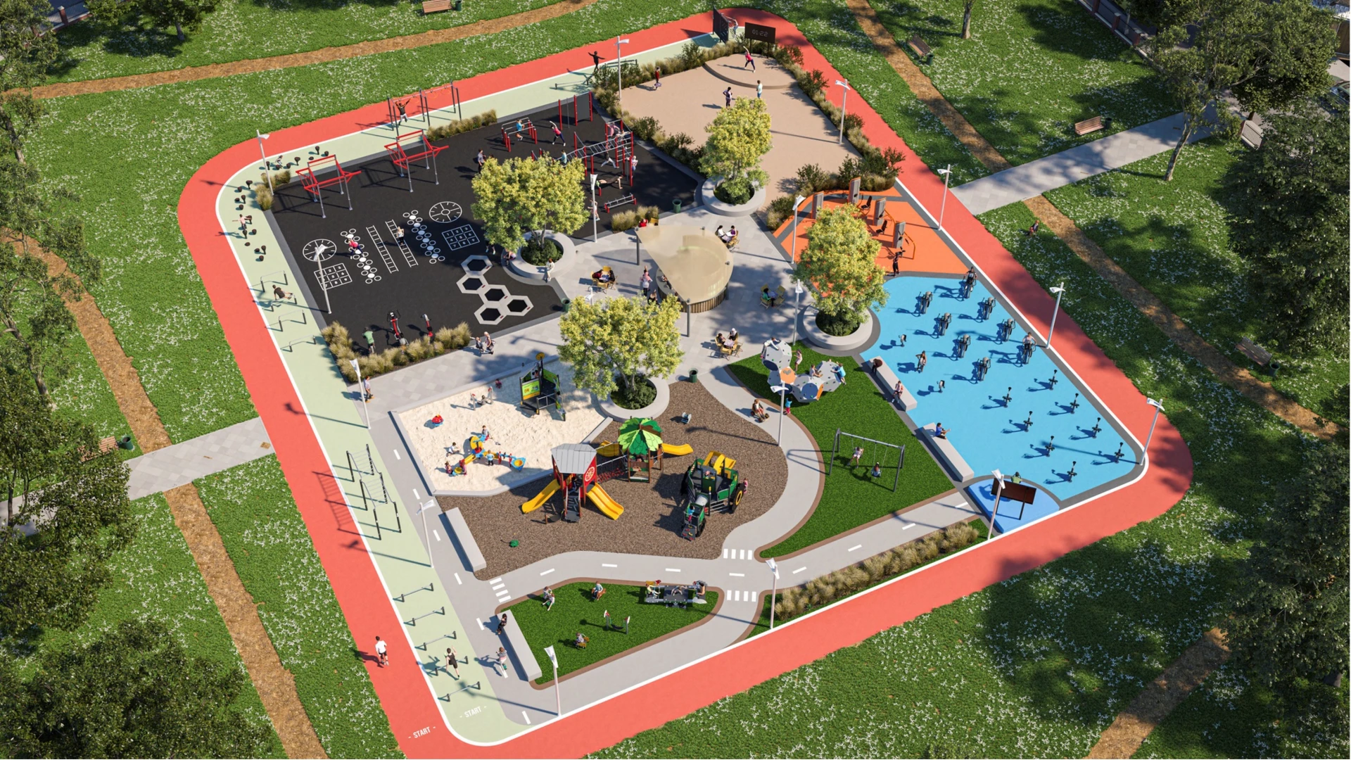 Et luftfoto af en legeplads og et udendørs fitnesscenter i en park.