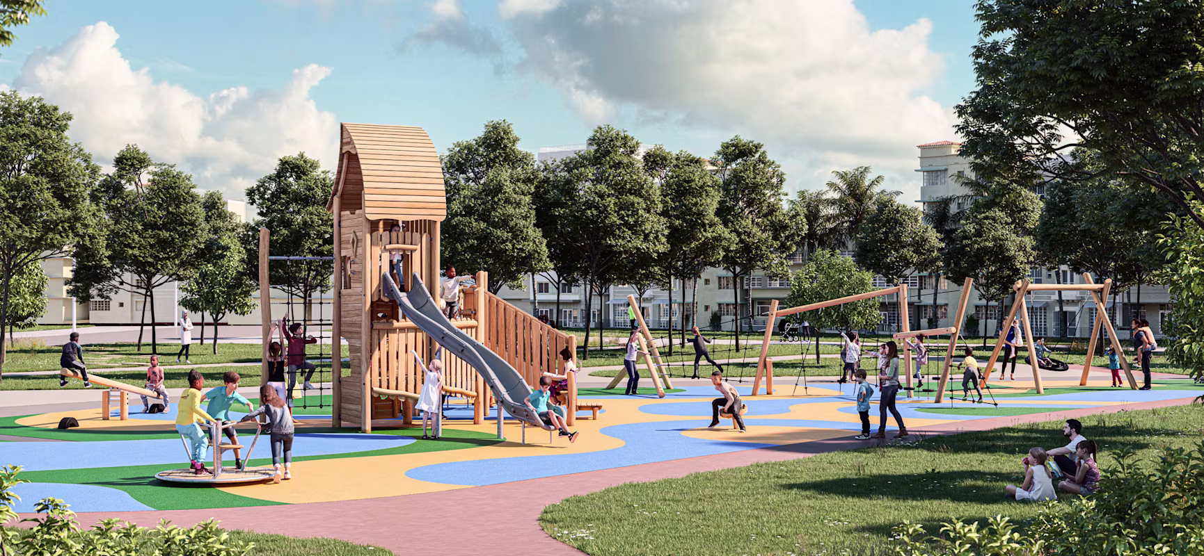 Children and adults in a colourful park playground, using wooden slides, swings and climbing frames, with trees and buildings behind