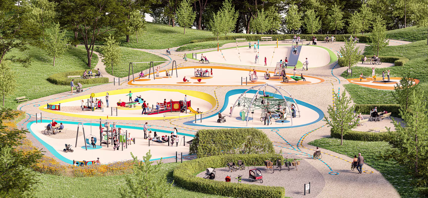 Busy inclusive playground in a green park, with children and adults using colourful accessible equipment, paths, swings and climbing frames