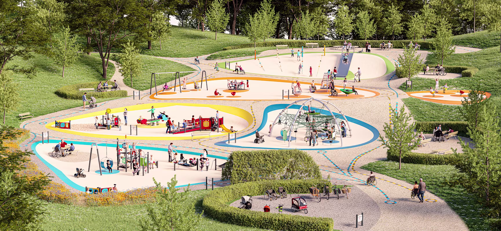 Busy inclusive playground in a green park, with children and adults using colourful accessible equipment, paths, swings and climbing frames