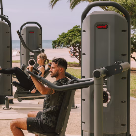 People using outdoor gym machines near a beach, exercising on strength equipment with trees and ocean in the background
