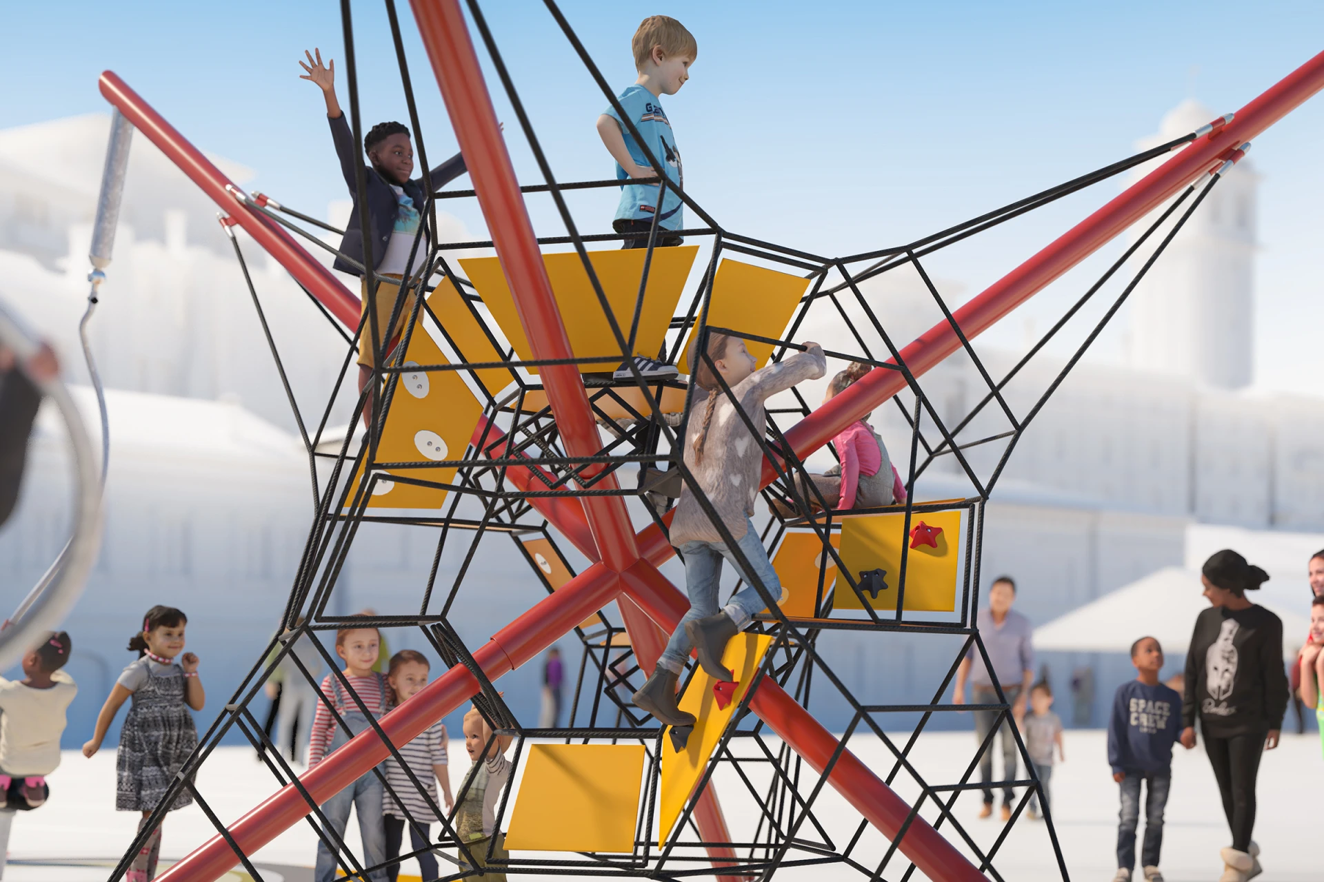 Children on top of a climbing membrane play structure
