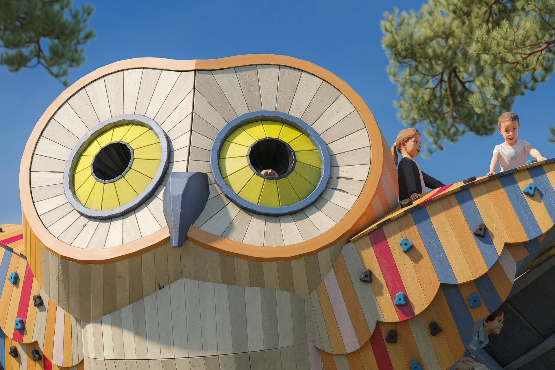 Children playing in a wooden owl play structure