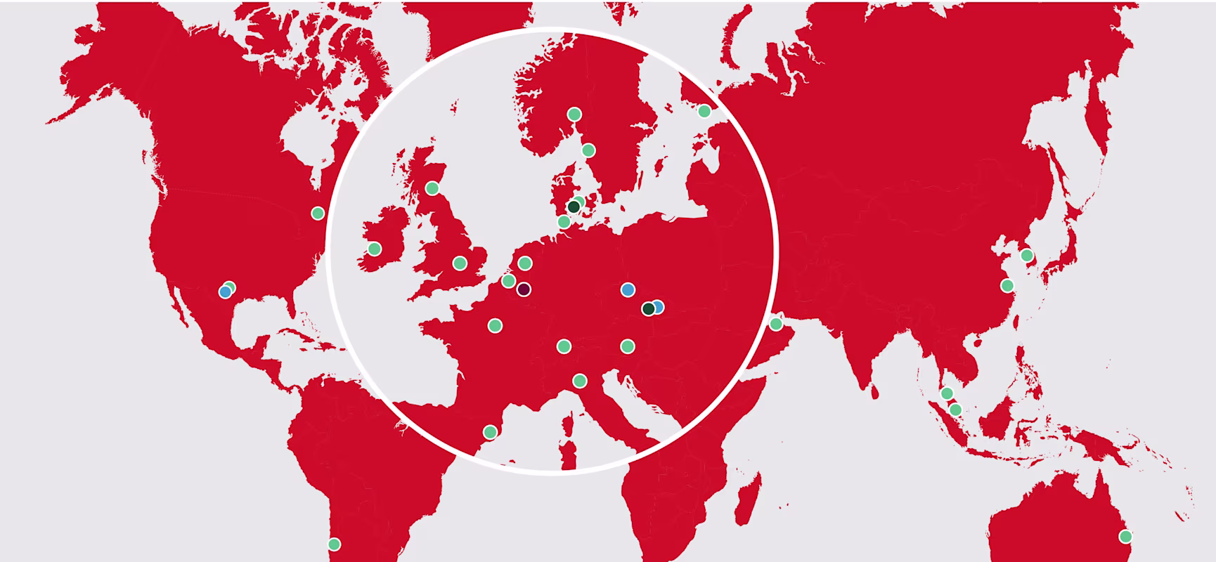 Red world map with a white circle highlighting Europe, marked by green and blue location dots across continents.