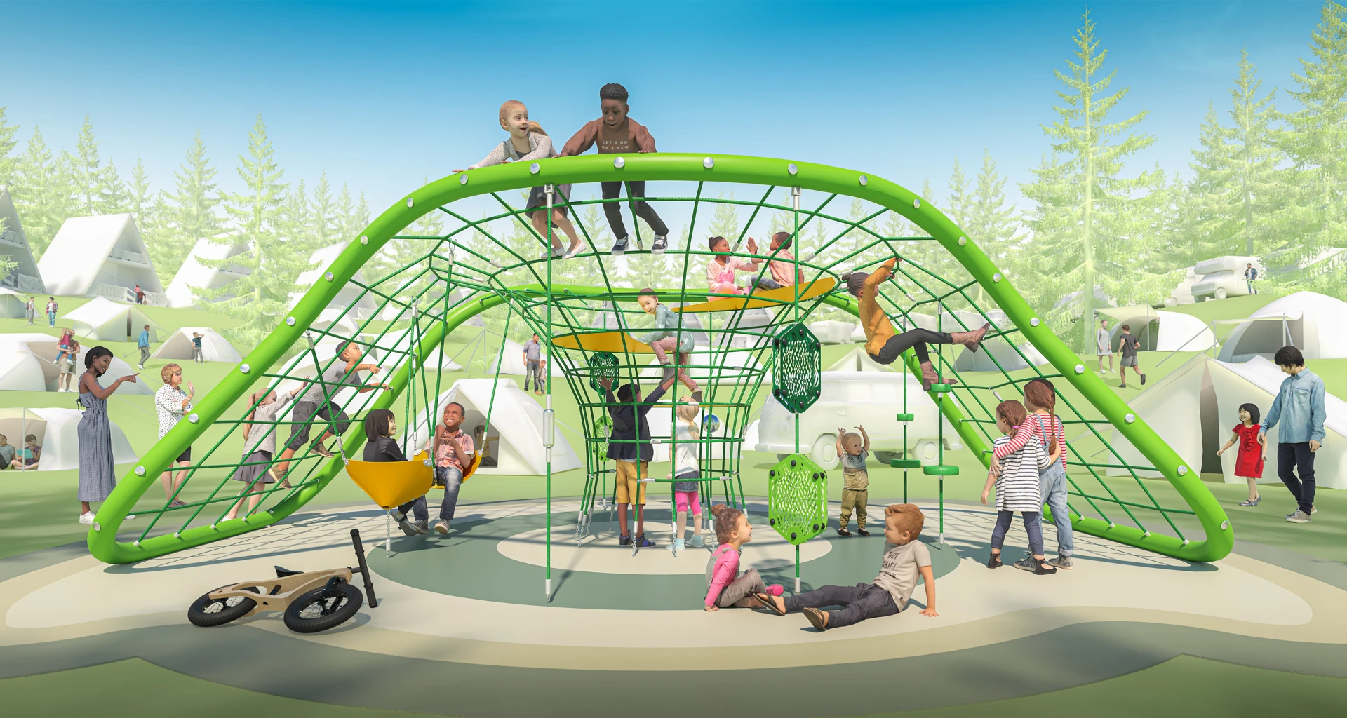 A design rendering of children playing and climbing on a DreamCatcher loop play structure