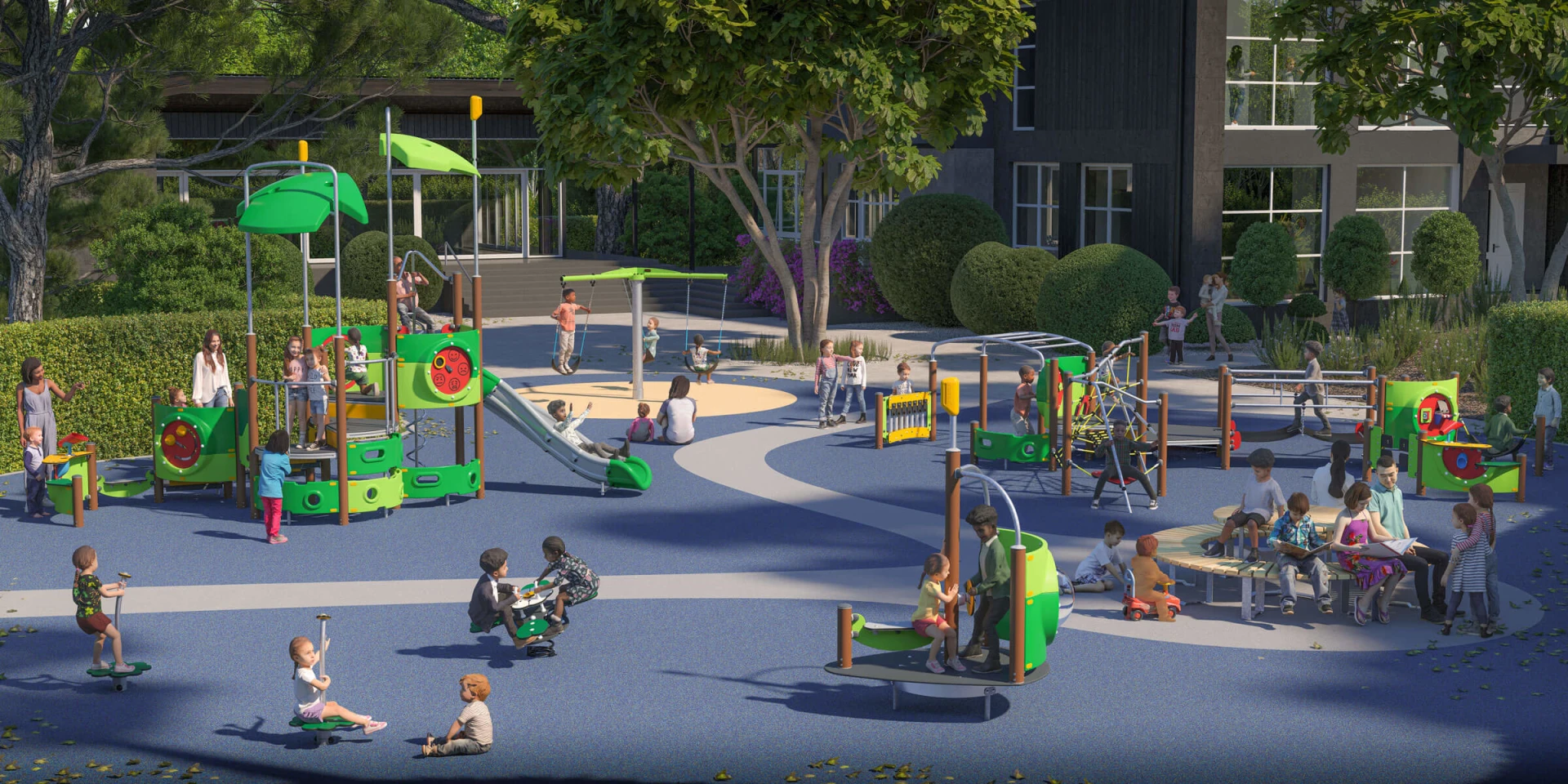 Idée de conception d'une aire de jeux avec de nombreuse possibilitées de jeux pour les enfants.