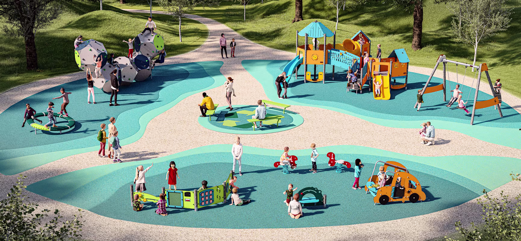 Children and adults play in a colourful outdoor playground with slides, swings, climbing rocks and activity toys on blue rubber flooring